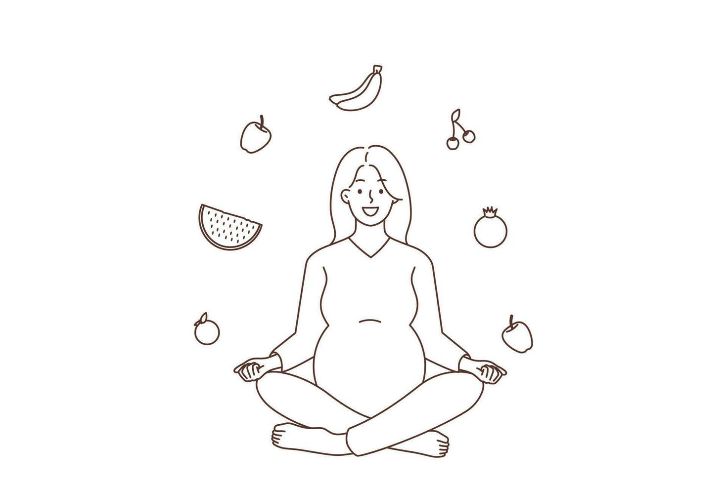 Happy pregnant woman sit in lotus pose with fruits around. Smiling future mother follow healthy lifestyle. Pregnancy and good nutrition. Vector illustration.