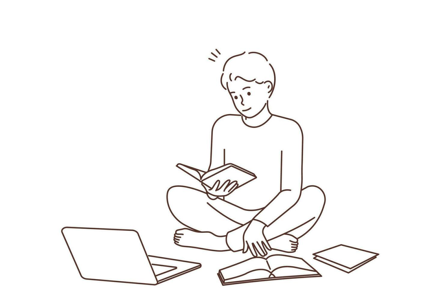 Young man sit on floor study with books using laptop. Smiling guy prepare homework with textbook with computer. Education. Vector illustration.