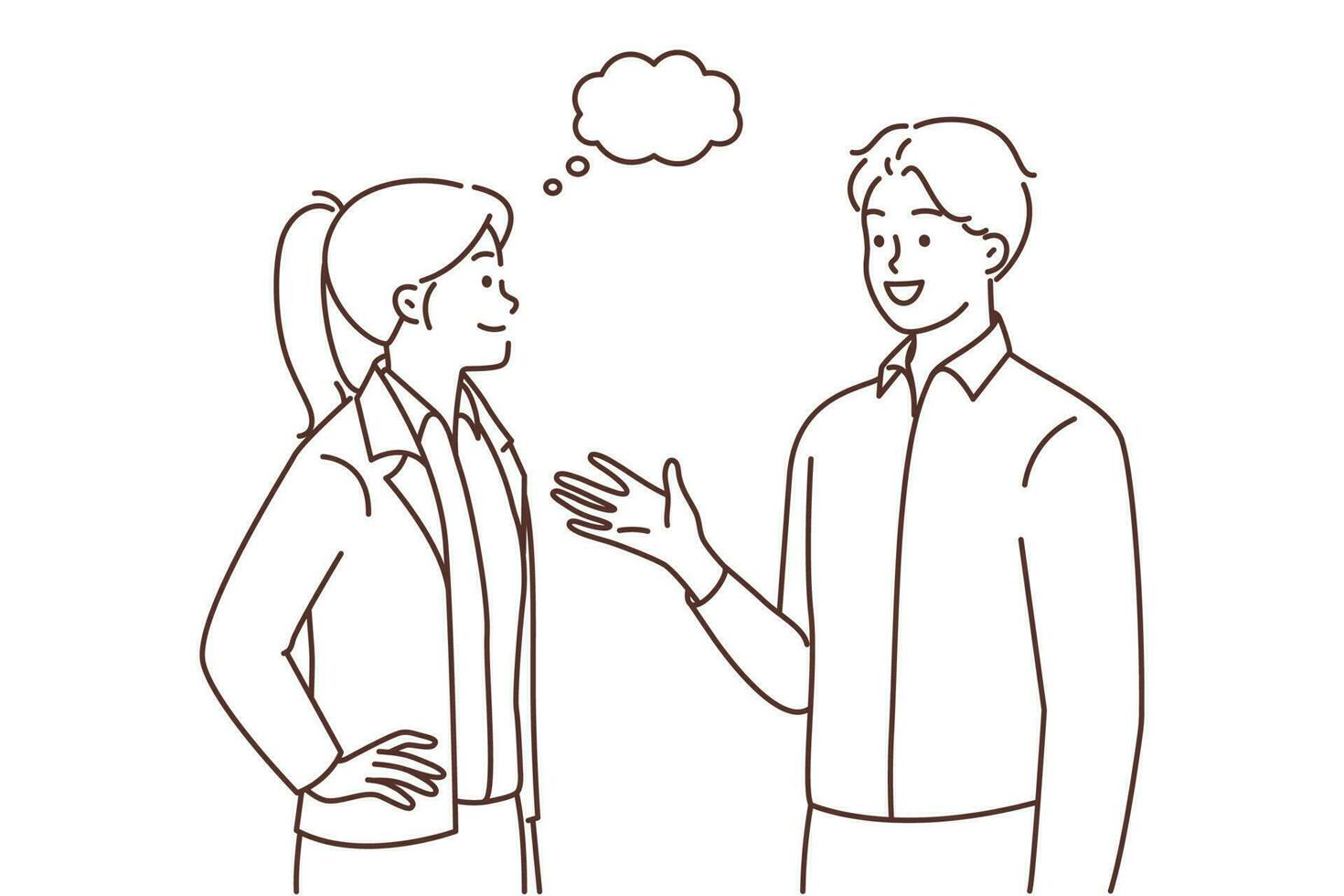 Smiling businesspeople with speech balloons communicating sharing thoughts or ideas. Happy colleagues or employees speak having conversation. Vector illustration.