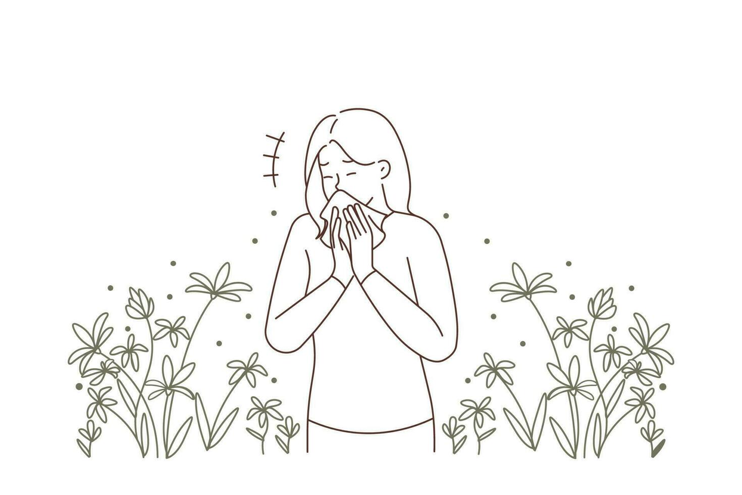Unhealthy young woman standing in field sneezing suffering from seasonal allergy. Unwell sick girl struggle with allergic reaction during summer season. Vector illustration.