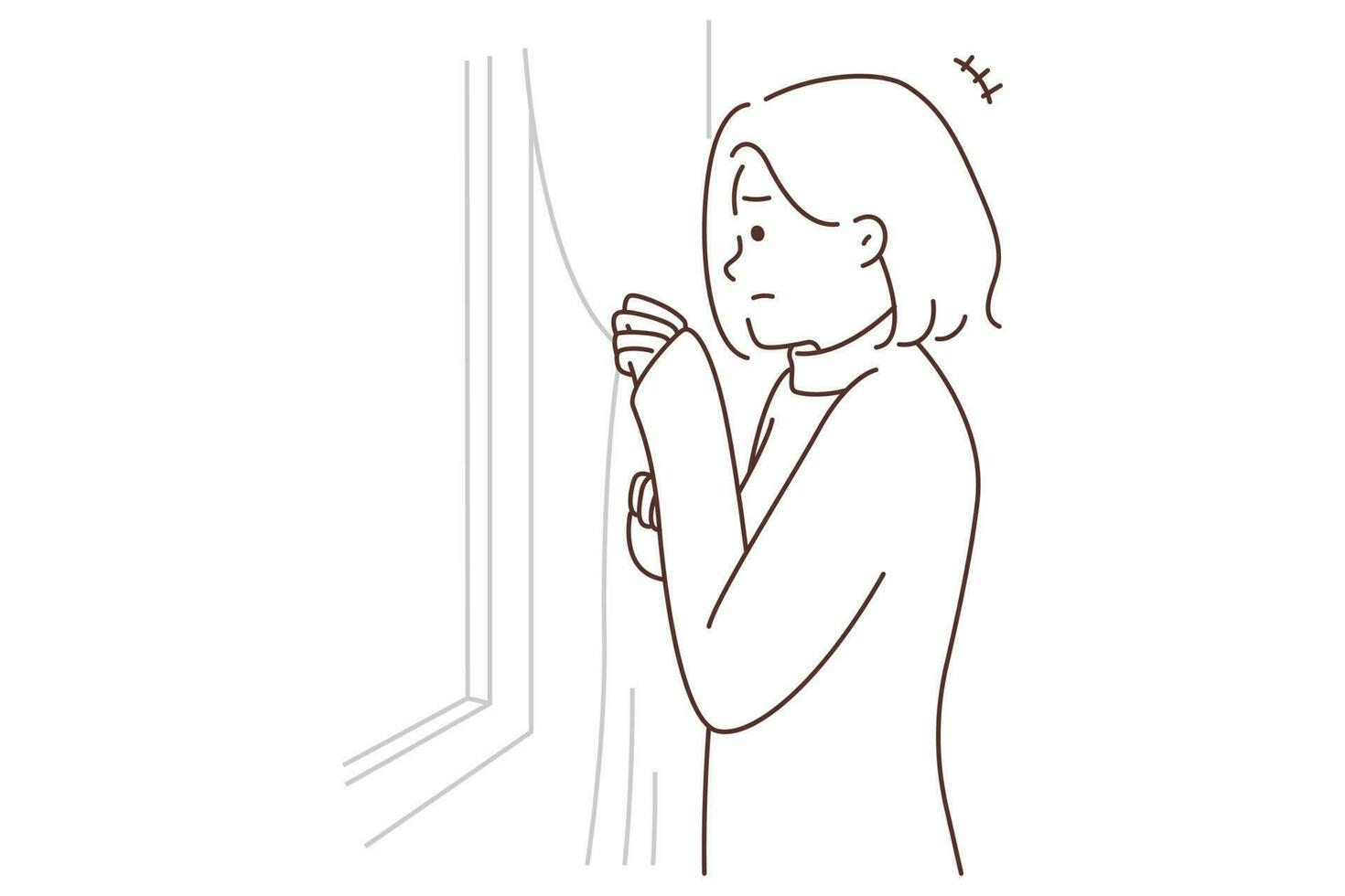 Scared young woman look out of mirror feel anxious or depressed, suffer from mental problems. Unhappy worried female struggle with social isolation. Vector illustration.