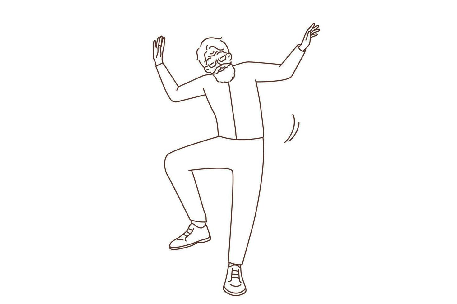 lleno de alegría mayor hombre tener divertido baile. contento maduro abuelo sensación energético y positivo con bailarín se mueve bueno madurez. vector ilustración.