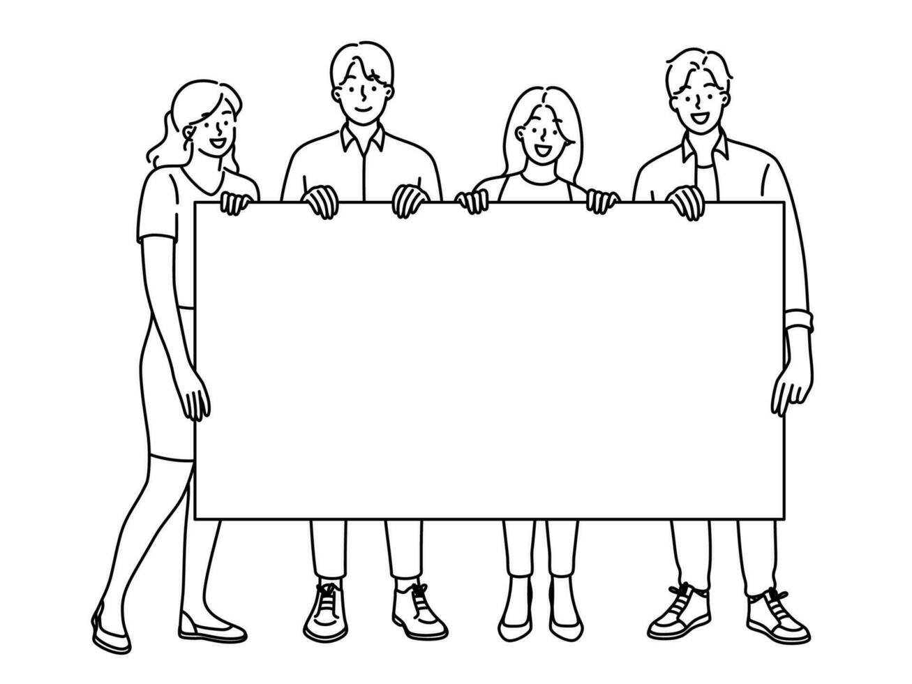 Multiracial people hold white empty mockup banner. Smiling multiethnic friends or employees with blank copy space placard for advertising placement. Vector illustration.
