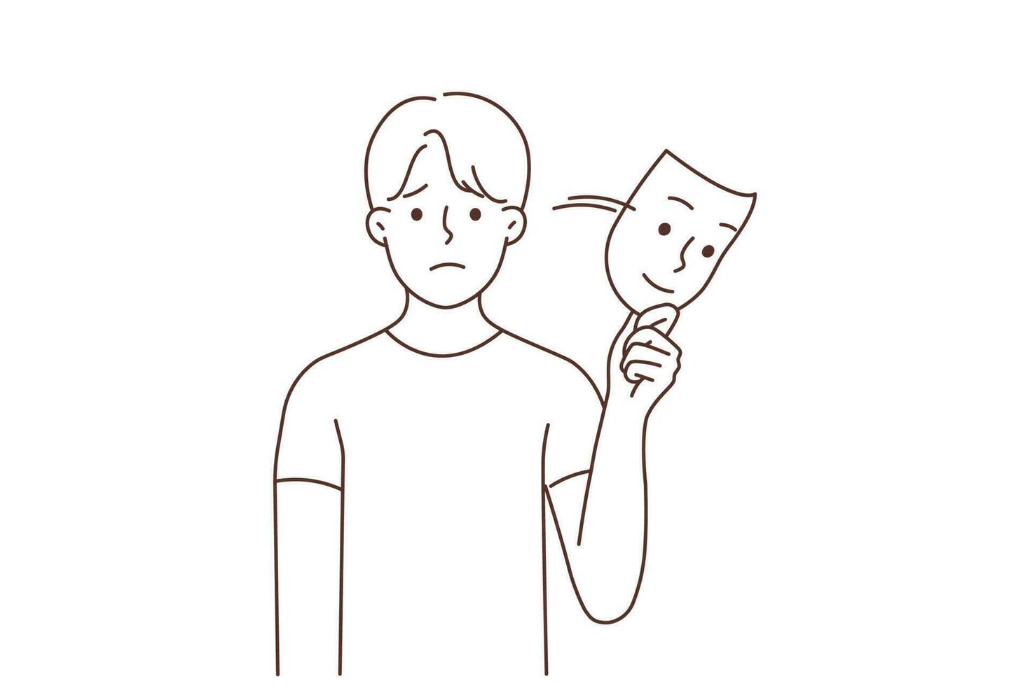 Unhappy man take off smiling mask show true self suffer from depression. Upset guy struggle with mood swing and bipolar disorder, pretend someone else. Vector illustration.
