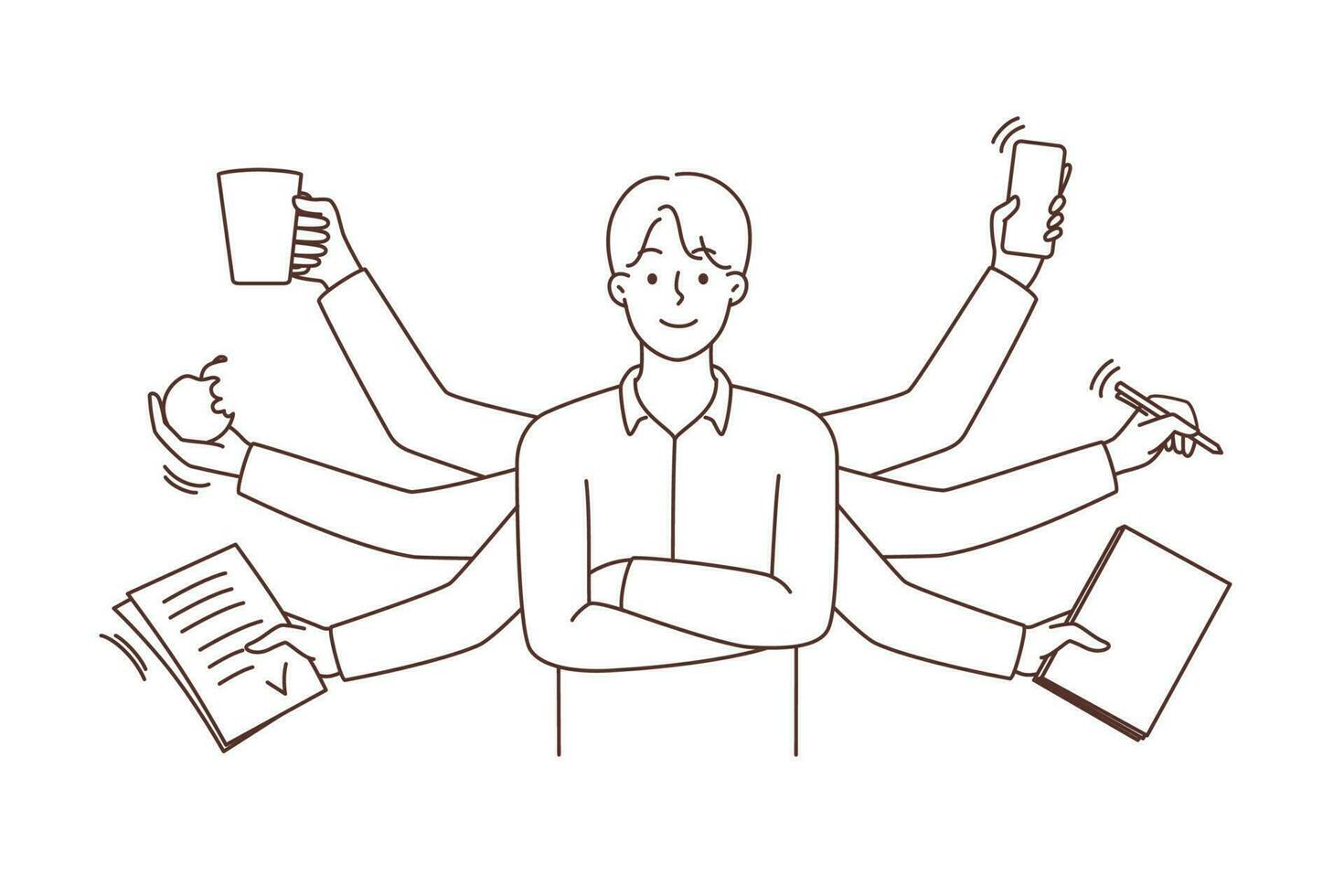 Businessman with numerous hands multitasking. Smiling successful man find balance do various tasks at work. Vector illustration.