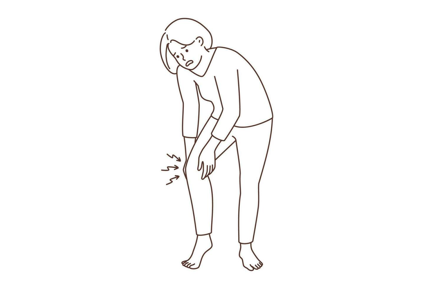 Unhealthy woman suffer from pain in knee. Unwell female struggle with spasm in leg. Medicine and healthcare. Vector illustration.