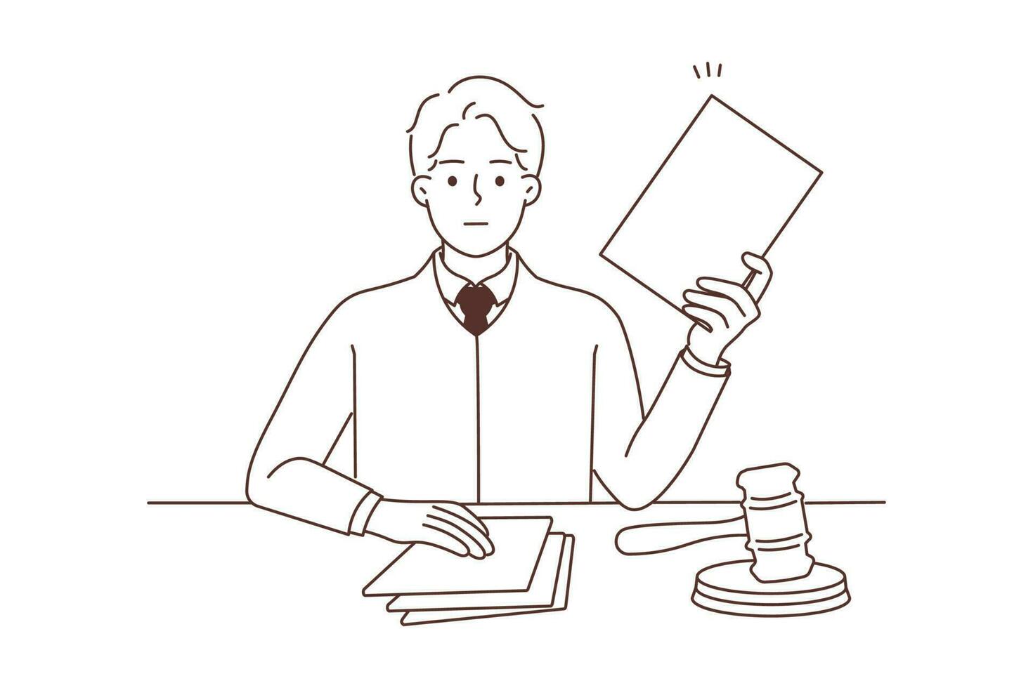 Serious male judge sitting at desk with gavel and documents. Focused notary or lawyer with paperwork in office. Law and order. Vector illustration.