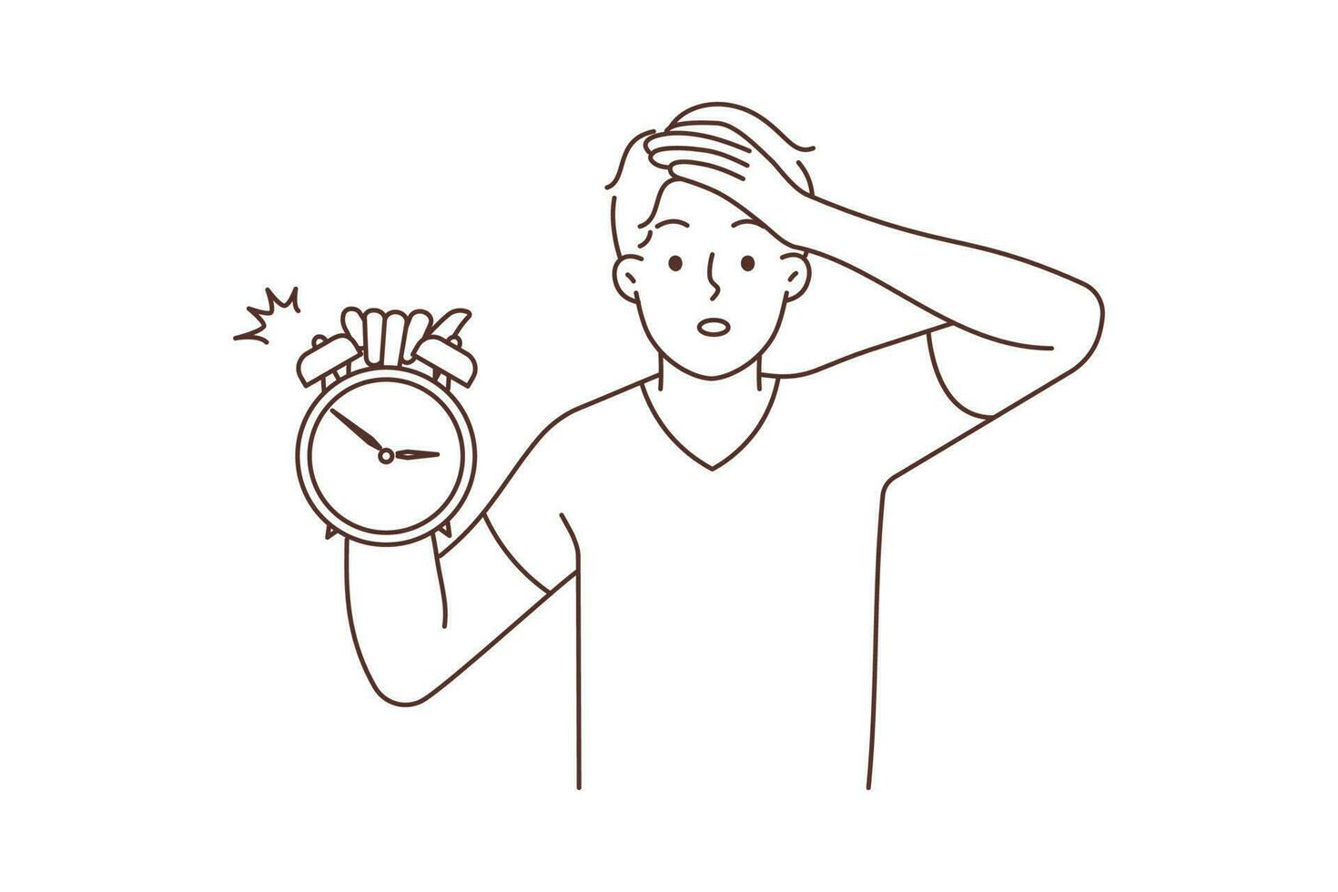 Frustrated young man hold clock show hour worried about missed deadline. Confused guy anxious about time clicking. Time management. Vector illustration.