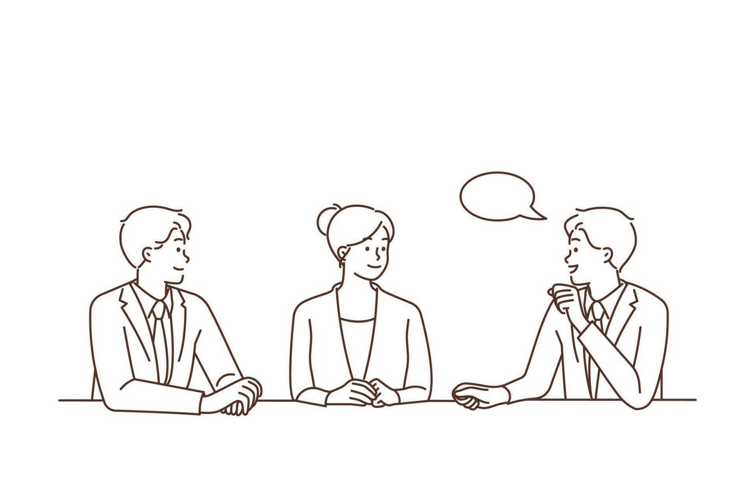 Diverse businesspeople sit at desk in office brainstorm discuss business ideas together. Smiling employees or colleagues talk at meeting at workplace. Vector illustration.