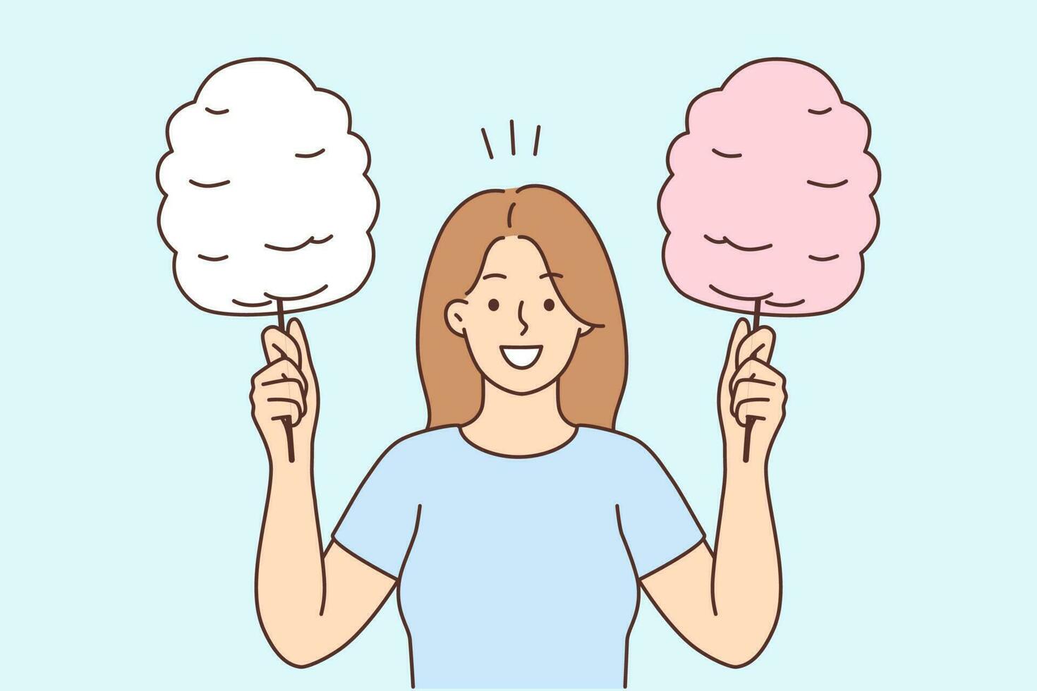Smiling young woman holding cotton candy on sticks. Happy girl with sweet sugar snack. Delicious park food concept. Vector illustration.