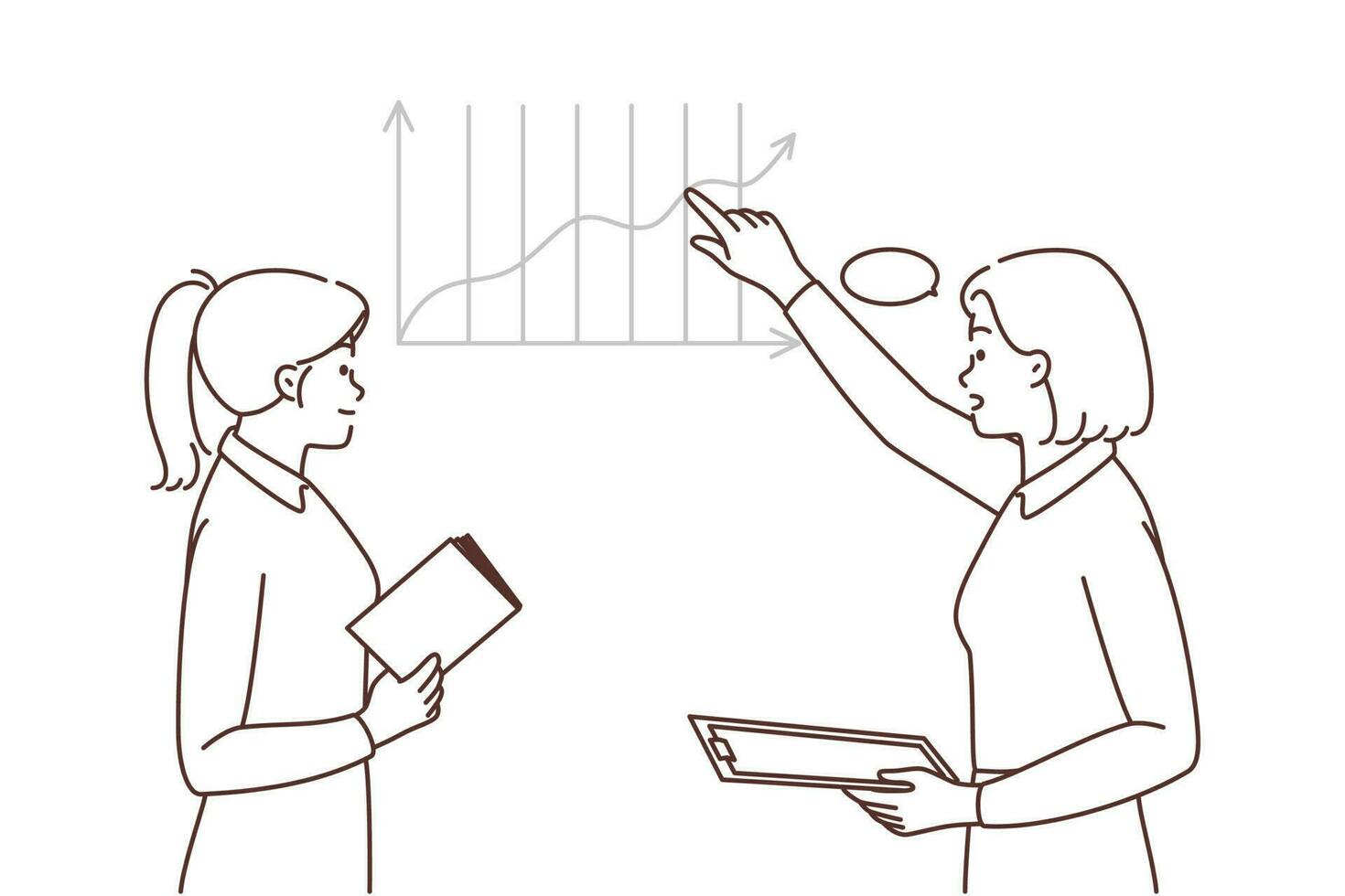 Businesswomen discuss diagram on board in office. Employees or colleagues engaged in teambuilding activity brainstorm in boardroom. Vector illustration.