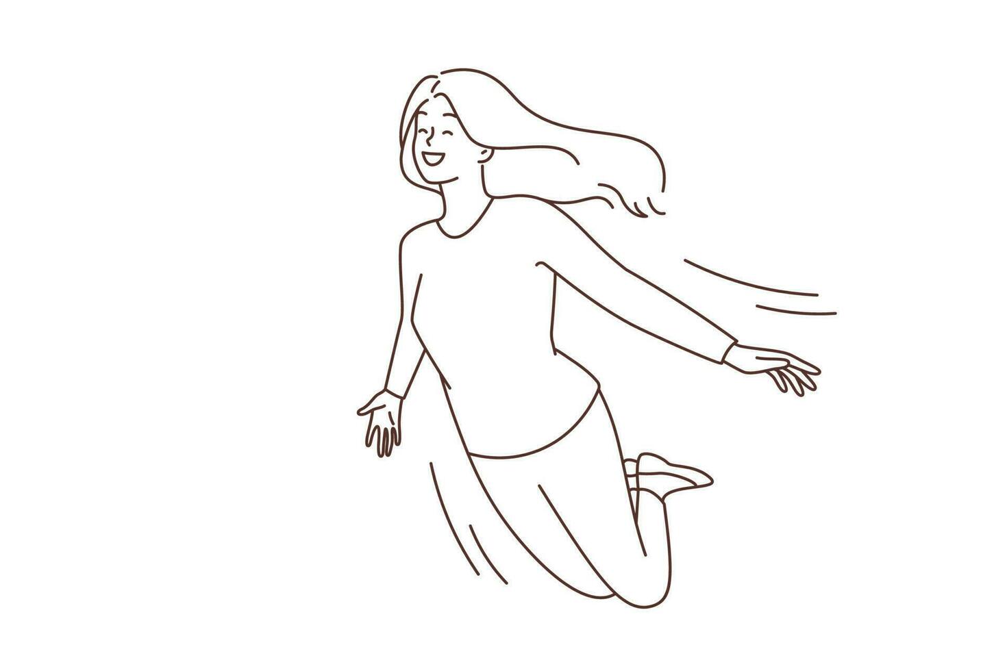 Smiling young woman flying in sky among clouds. Happy girl dreaming or visualizing. Dreamer in imaginations and fantasies. Vector illustration.