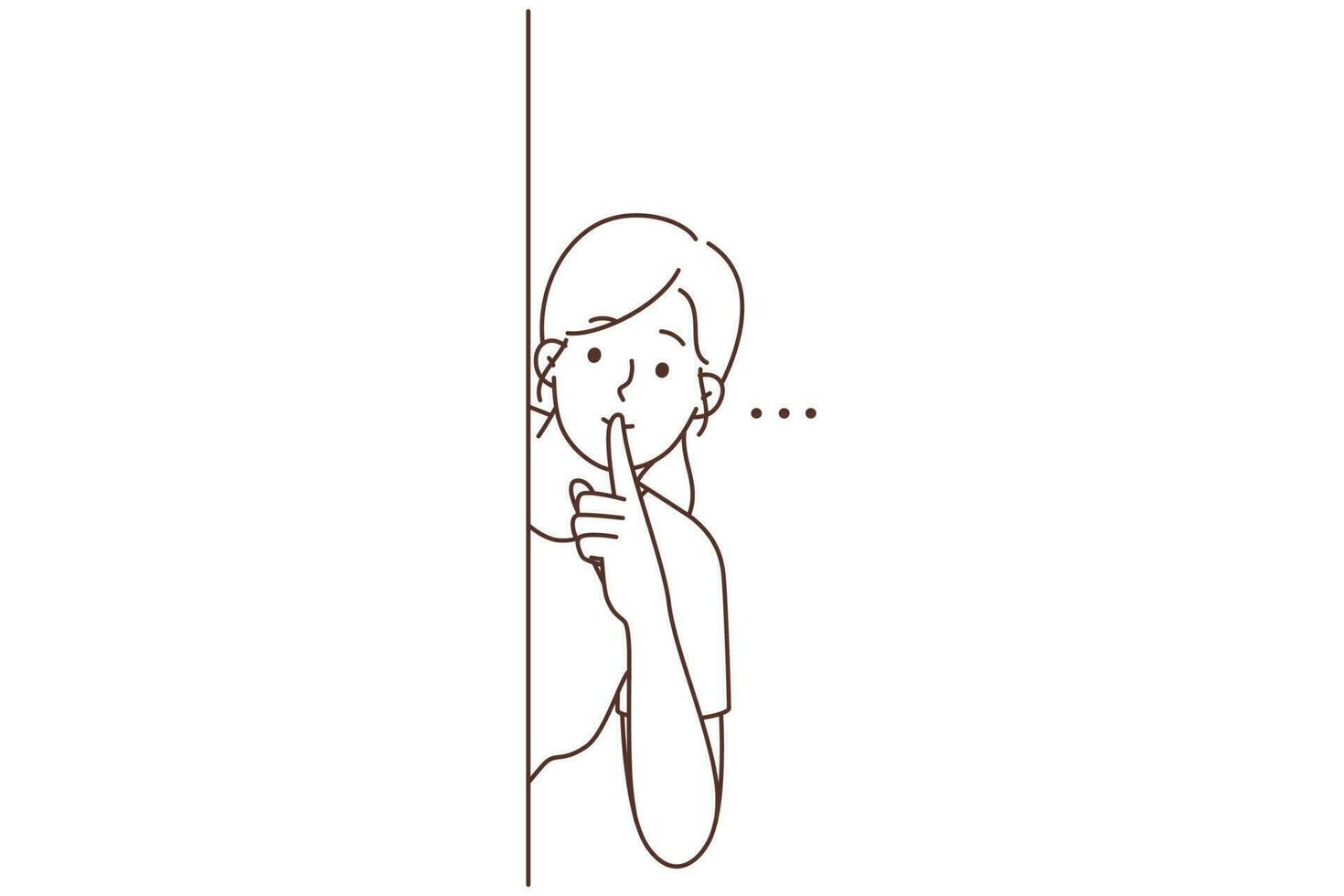 Young woman peek behind wall show hush hand gesture. Millennial girl ask be quite or silent. Secrecy and hidden information. Vector illustration.