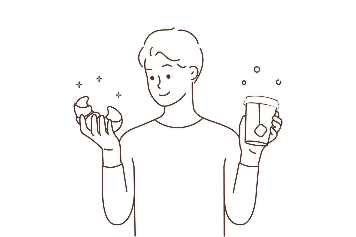 Smiling man holding croissant and takeaway tea in cup. Happy guy enjoy lunch or breakfast with pastry and takeout drink. Vector illustration.