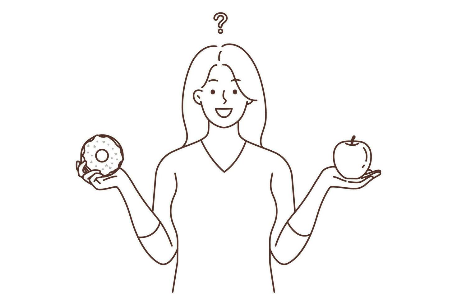 Smiling young woman choose between dessert and fruit. Happy female make choice between healthy and unhealthy food. Diet and nutrition. Vector illustration.