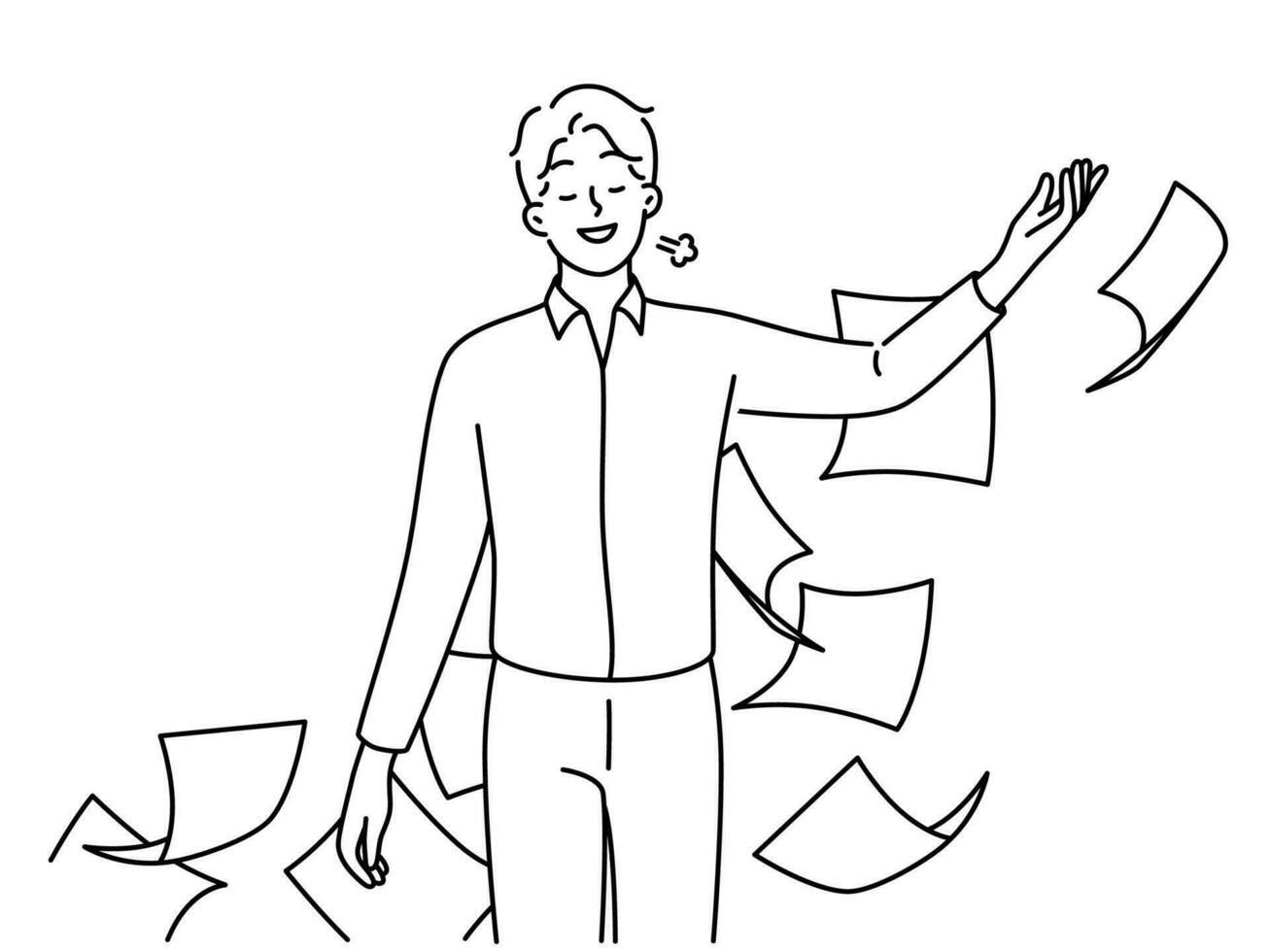 Happy businessman throw paperwork feel relieved or stress free. Smiling male employee throwing papers or documents. Vector illustration.