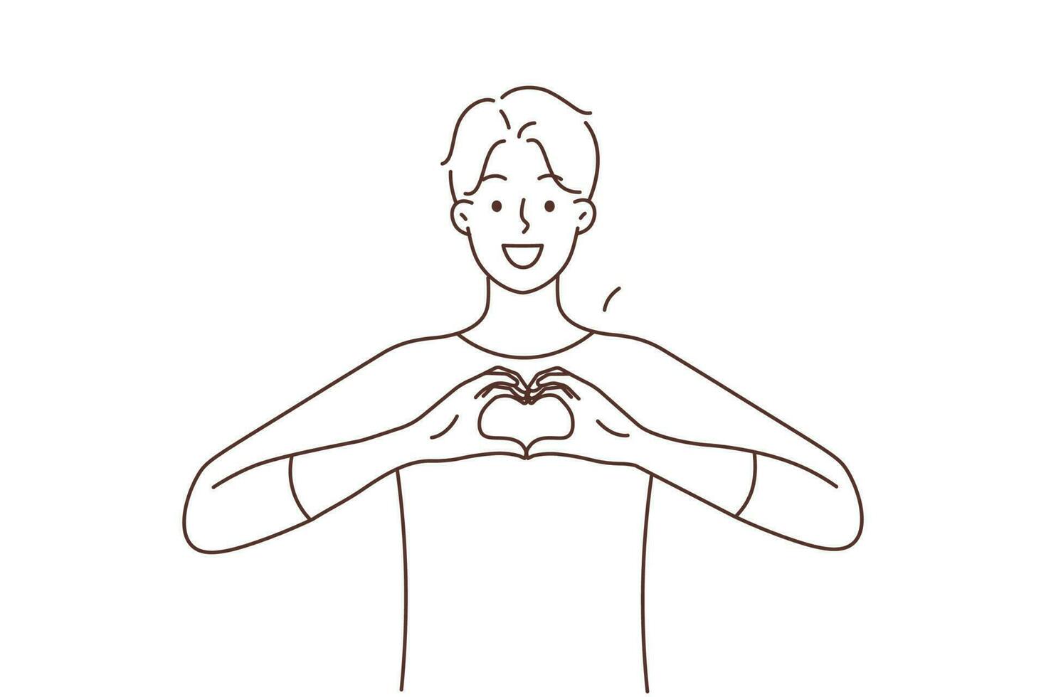 Smiling young man show heart hand gesture share care and support. Happy guy with love sign feel grateful and supportive. Gratitude and charity. Vector illustration.