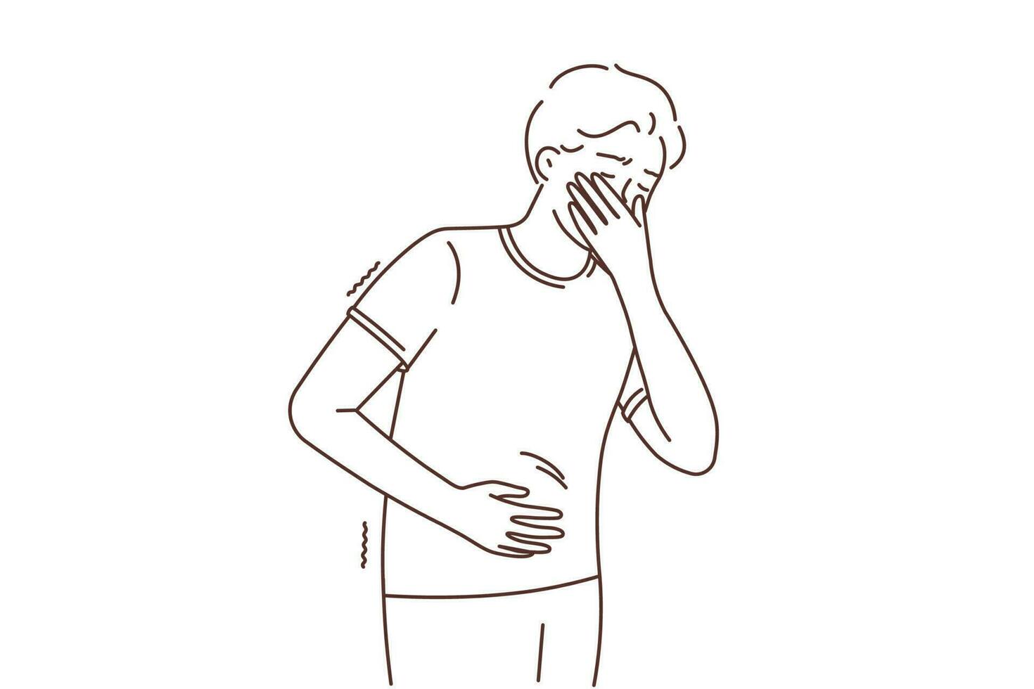 Sick man touching belly suffering from food poisoning. Unhealthy guy struggle with stomachache or nausea. Healthcare concept. Vector illustration.