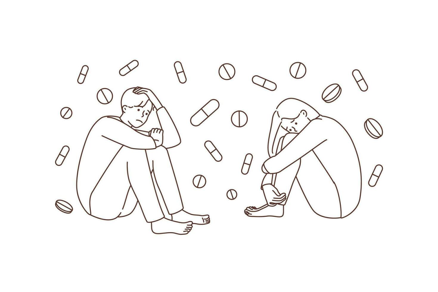 Deprimido personas sufrir desde medicación dependencia. infeliz pacientes dificil con farmacéutico problemas. medicina y cuidado de la salud. vector ilustración.