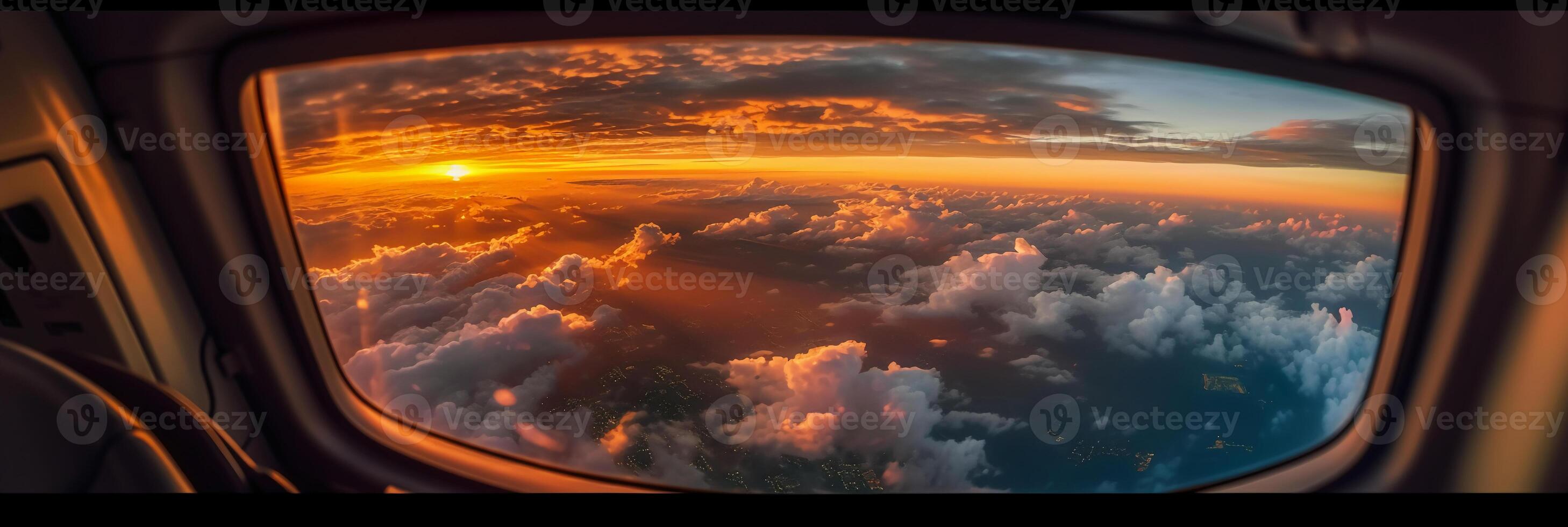 The view from the plane window to the sunset. Aerial view. photo
