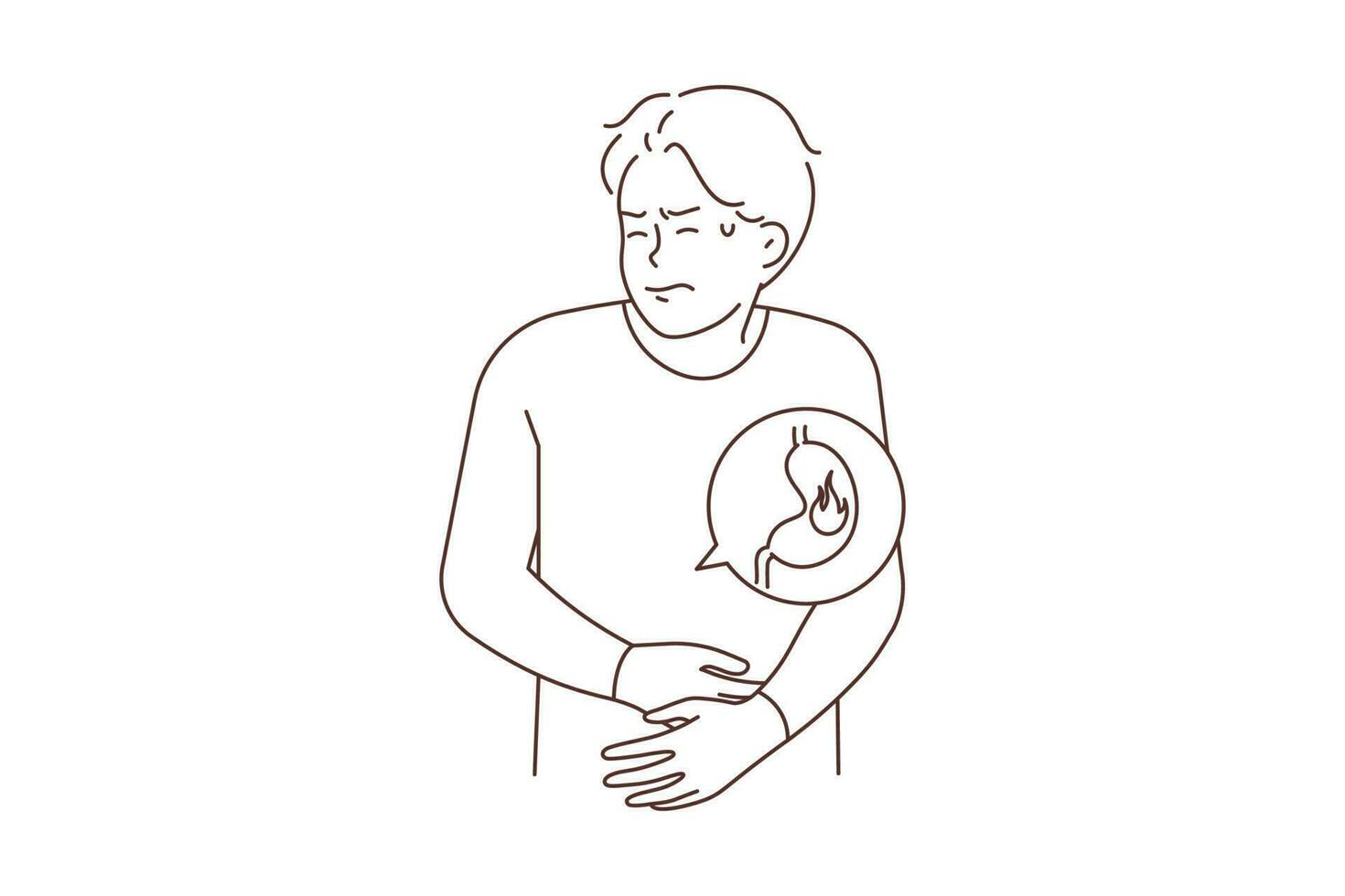 Unhealthy young man suffer from stomachache having spasms and inflammation. Unwell guy struggle with intestinal tract pain. Healthcare. Vector illustration.