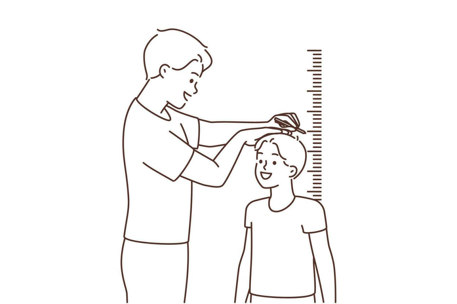 Smiling father measure small son height near wall. Happy dad check little boy child near measurement indoors. Children growing. Vector illustration.