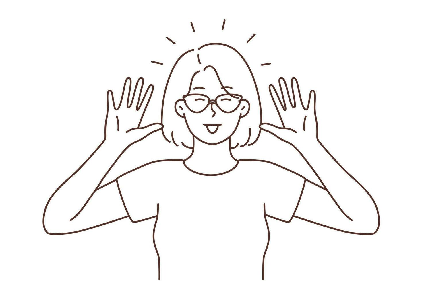 Smiling young woman in sunglasses make funny face expression. Happy girl have fun showing hand gesture. Vector illustration.
