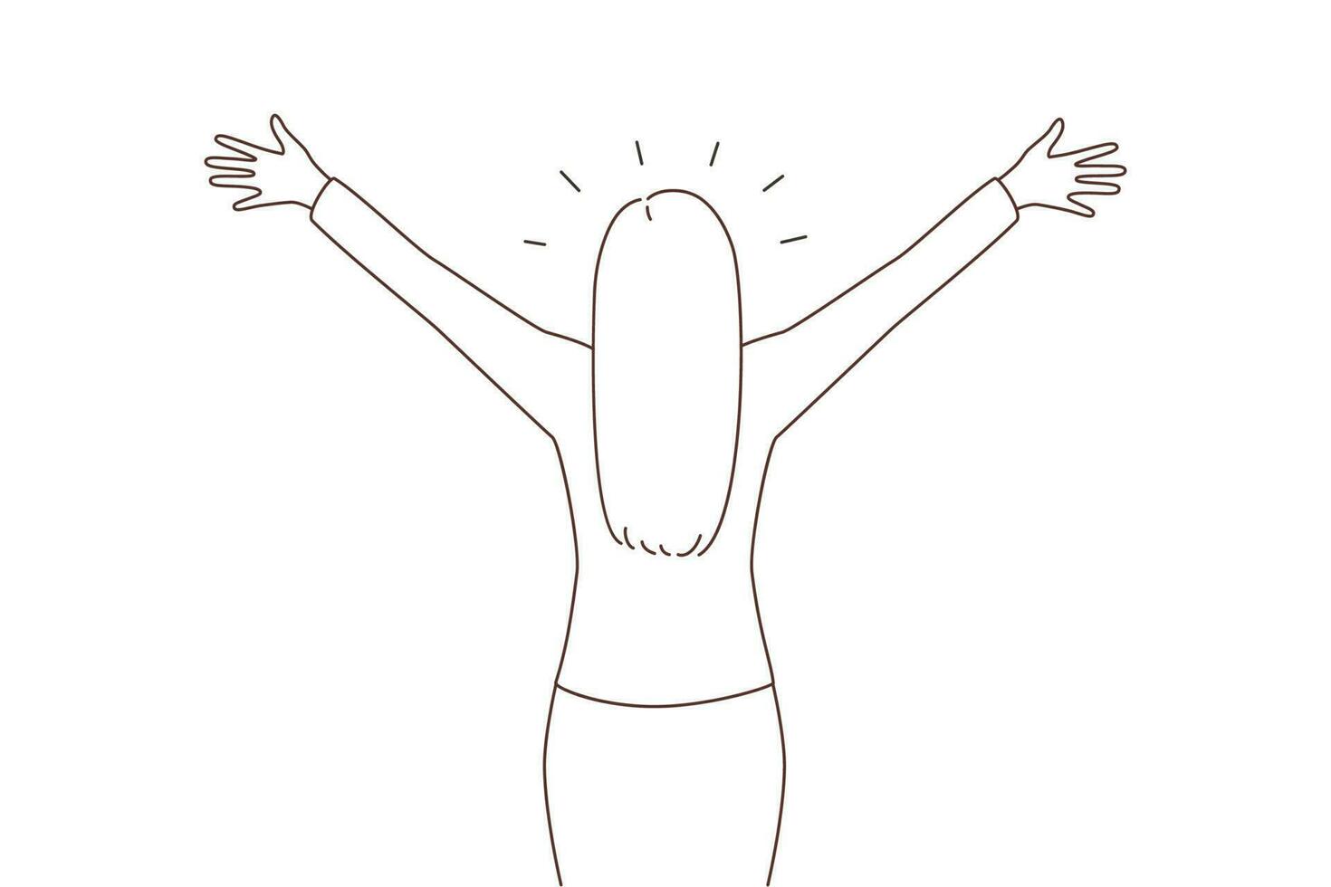 Back view of confident businesswoman stand with hands open welcome new opportunities. Successful woman ready for career perspectives and possibilities. Vector illustration.