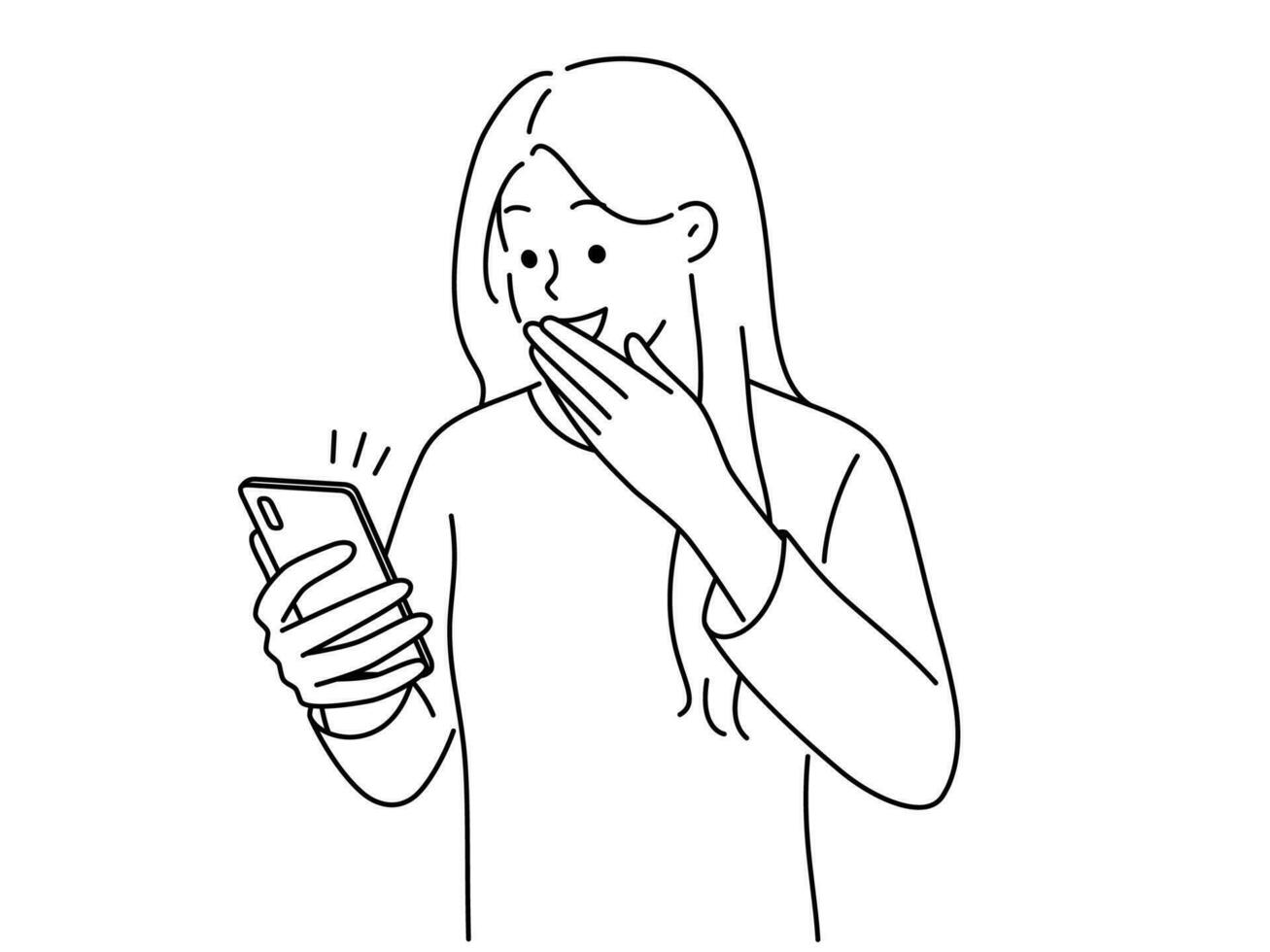 emocionado joven mujer Mira a Teléfono móvil pantalla sensación lleno de alegría con bueno Noticias en línea. contento niña conmocionado con mensaje en teléfono inteligente vector ilustración.