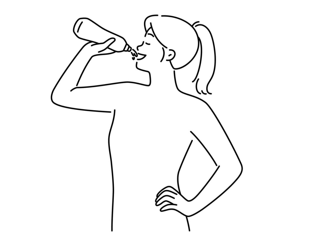 Young woman drinking water from bottle for hydration. Smiling girl enjoy clean liquid follow healthy lifestyle. Body hydrate. Vector illustration.