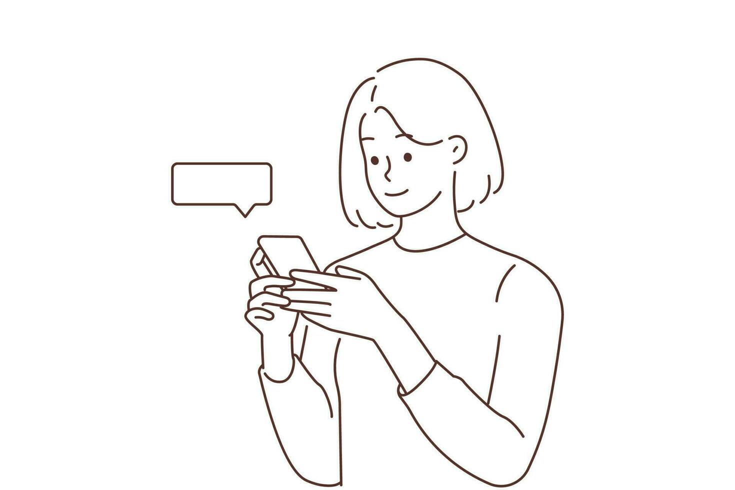 Smiling young woman check likes on cellphone on social media. Happy girl blogger use smartphone browsing internet on gadget. Blogging and influencer. Vector illustration.