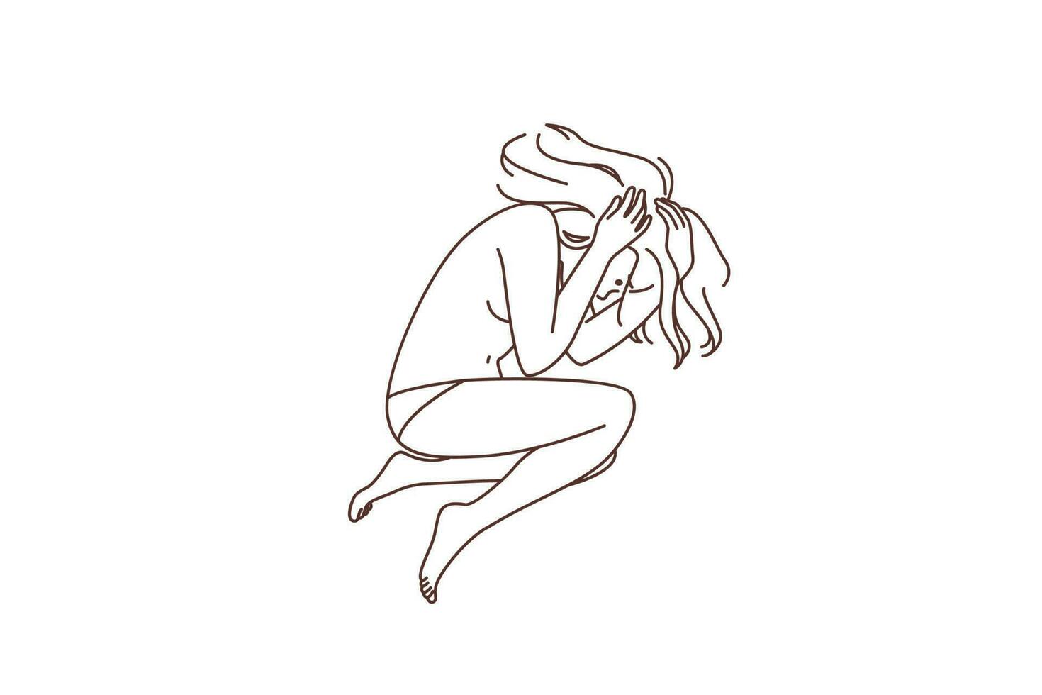 Unhappy scared naked woman feel imprisoned suffer from freedom loss. Upset stressed girl locked in cage struggle with violence or imprisonment. Vector illustration.
