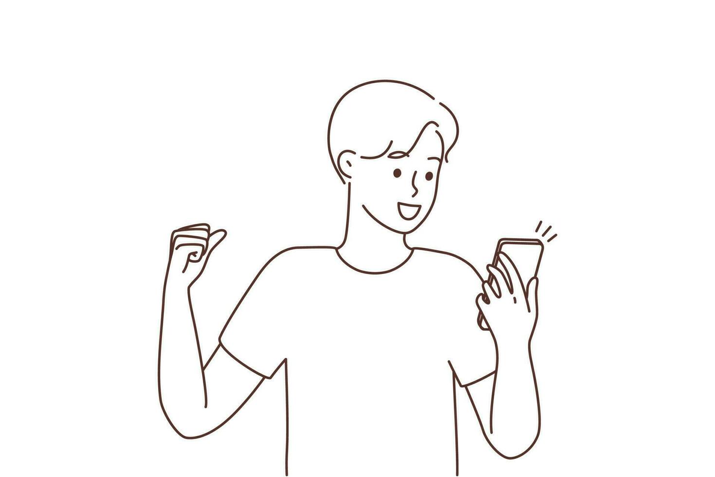 Excited young man look at cellphone screen feel euphoric with good news on message. Overjoyed guy celebrate lottery win or victory on smartphone. Vector illustration.