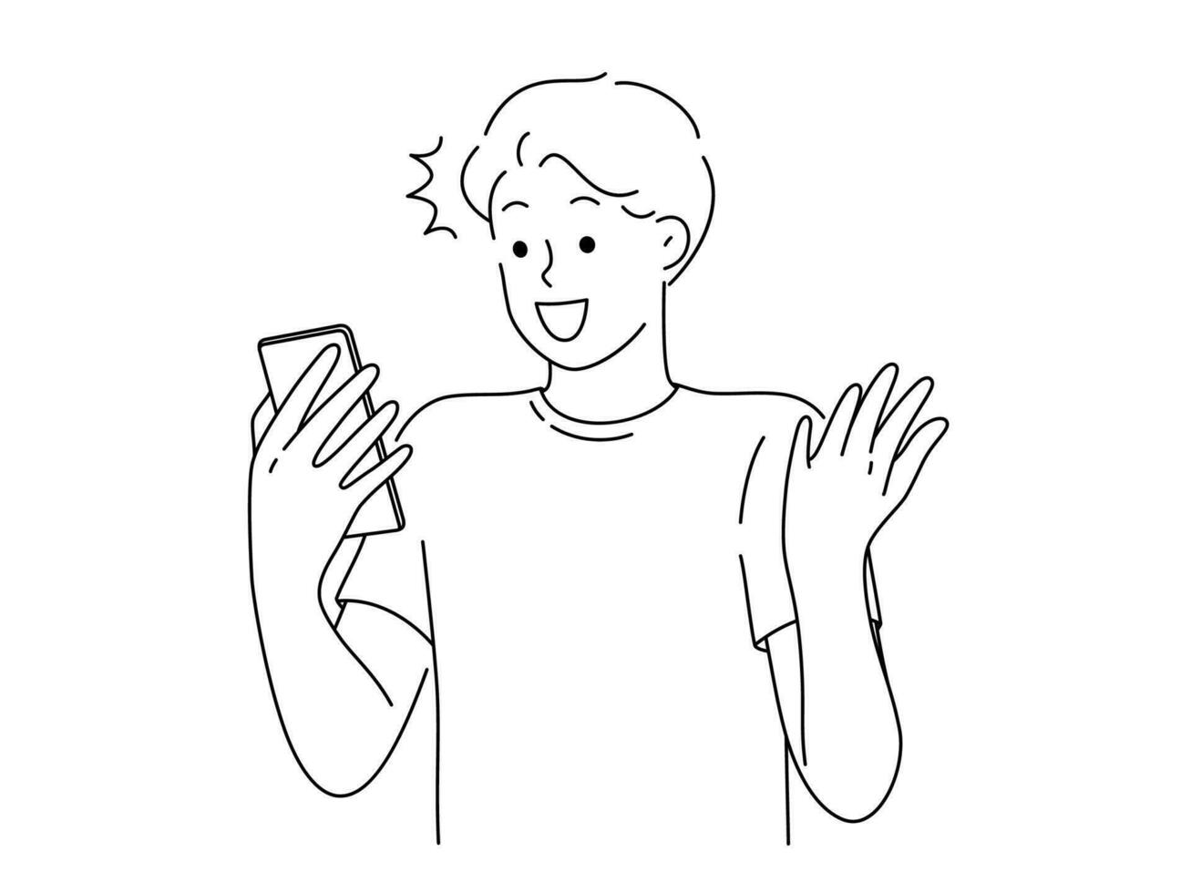 Excited young man look at cellphone screen shocked by good news online. Happy guy surprised by amazing unexpected offer on smartphone. Vector illustration.