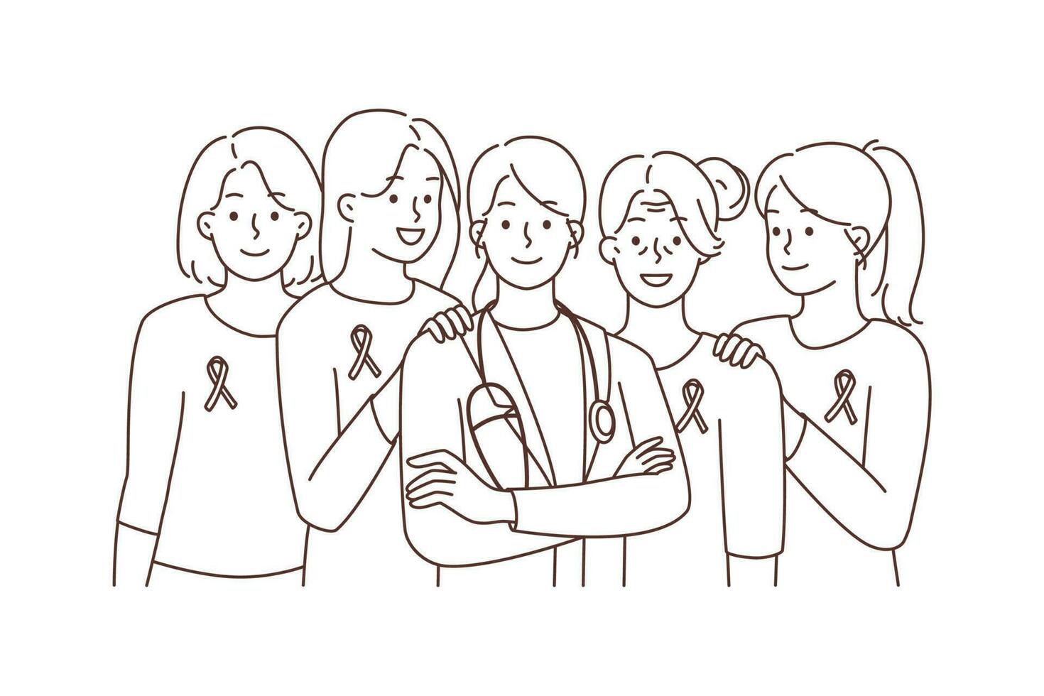 Happy healthy women and female oncologist standing posing together. Smiling doctor with patients beat cancer. Healthcare concept. Vector illustration.
