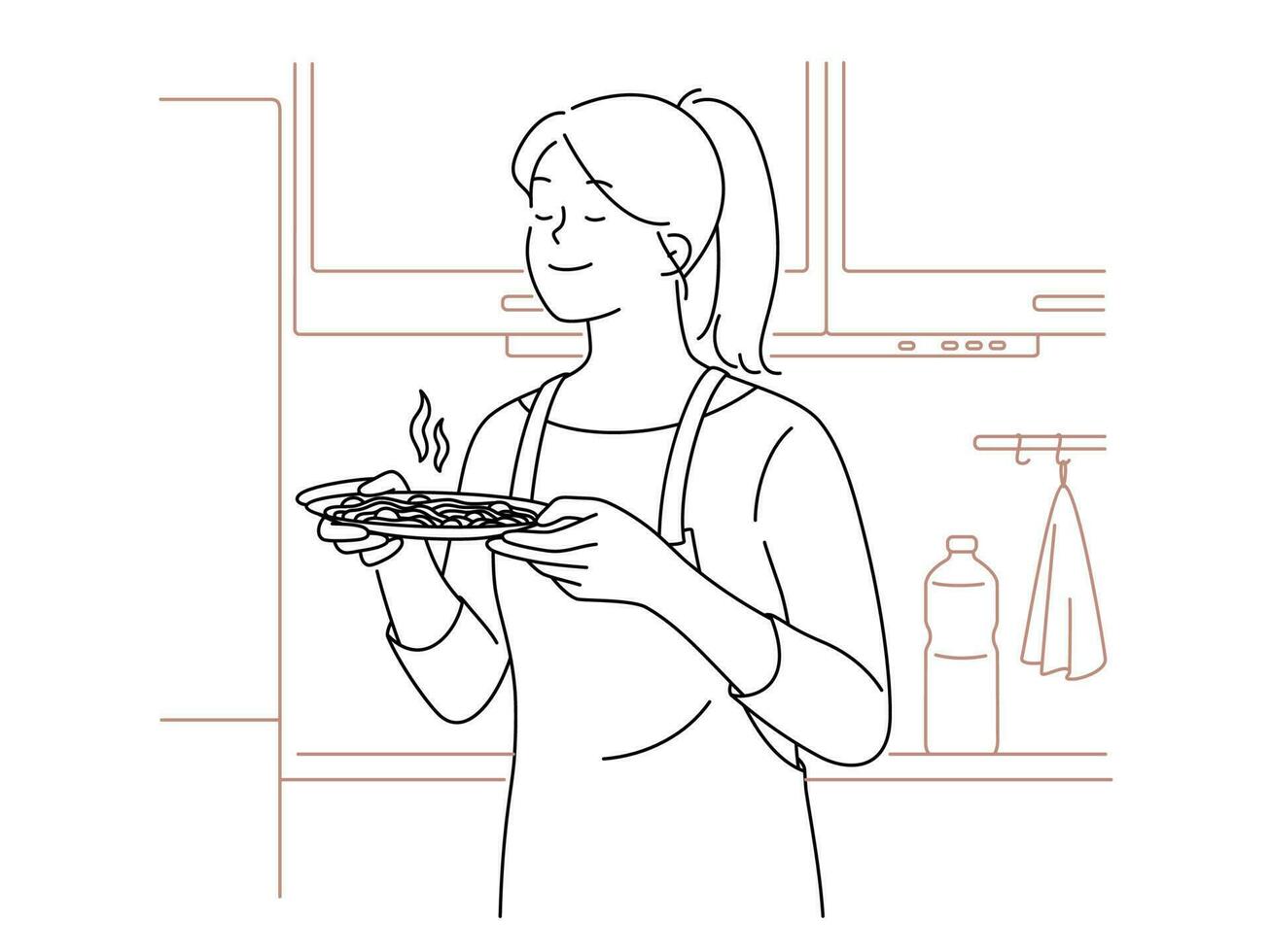 contento mujer en delantal oler comida en cocina. sonriente satisfecho niña Cocinando a hogar disfrutar delicioso comida preparación. vector ilustración.