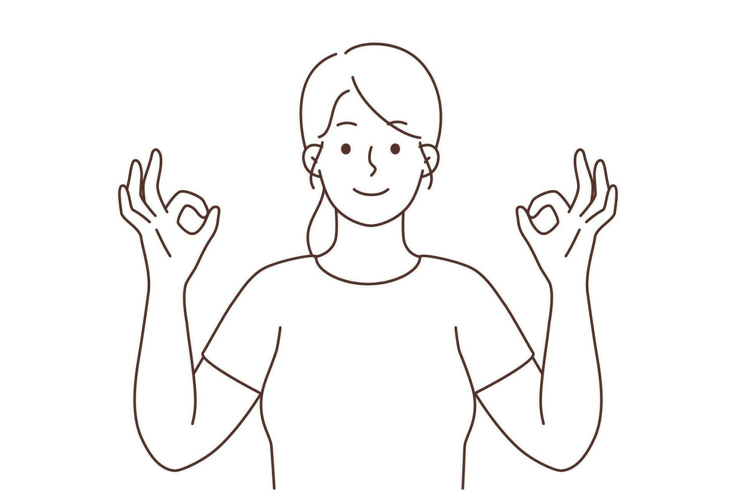 Smiling young woman with mudra hands mediating relieve negative emotions. Happy girl practice yoga engaged in stress relief technique. Vector illustration.