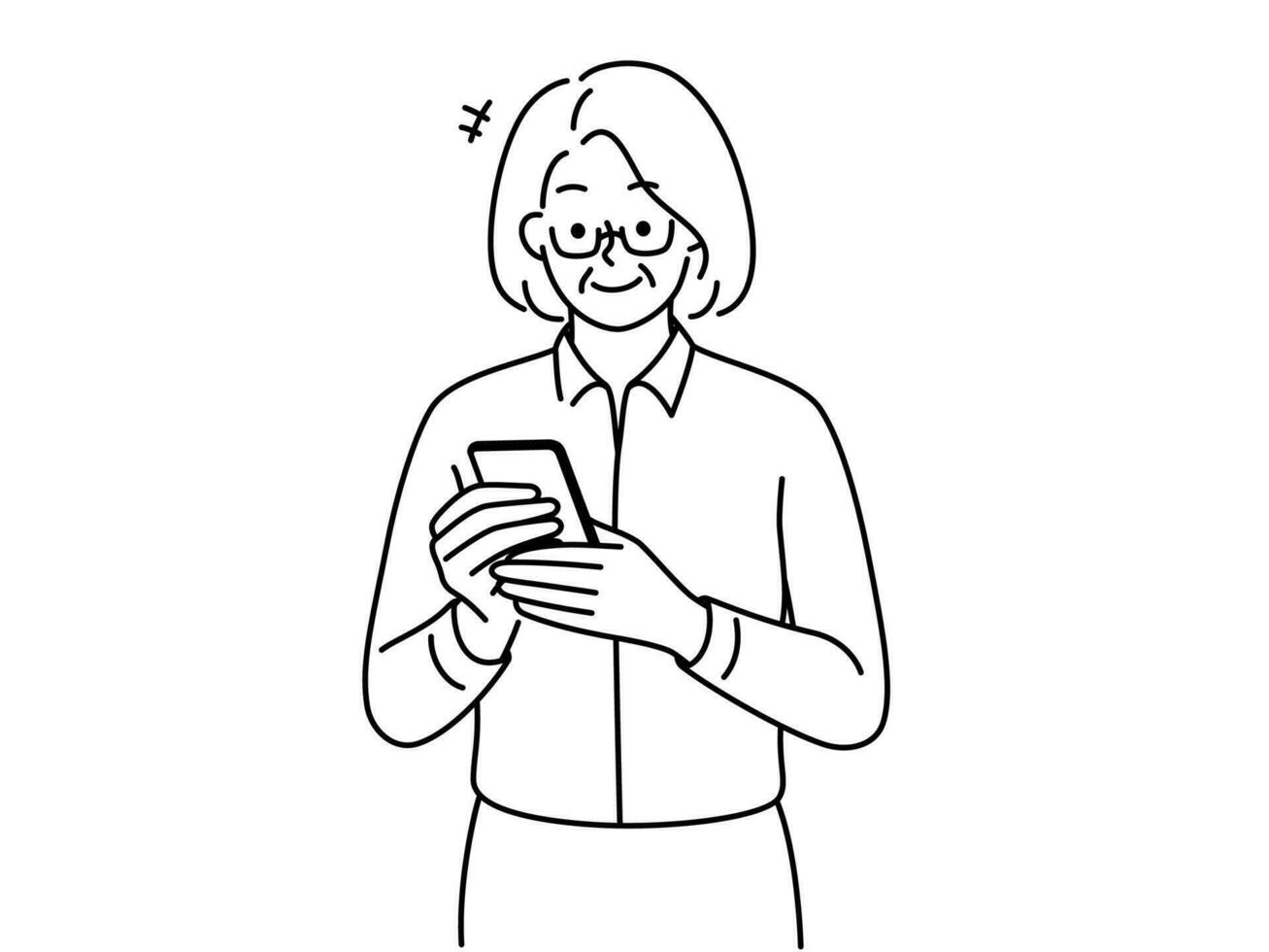 Modern elderly grandmother using cellphone. Cool mature grandma look at smartphone screen holding gadget surfing internet. Vector illustration.