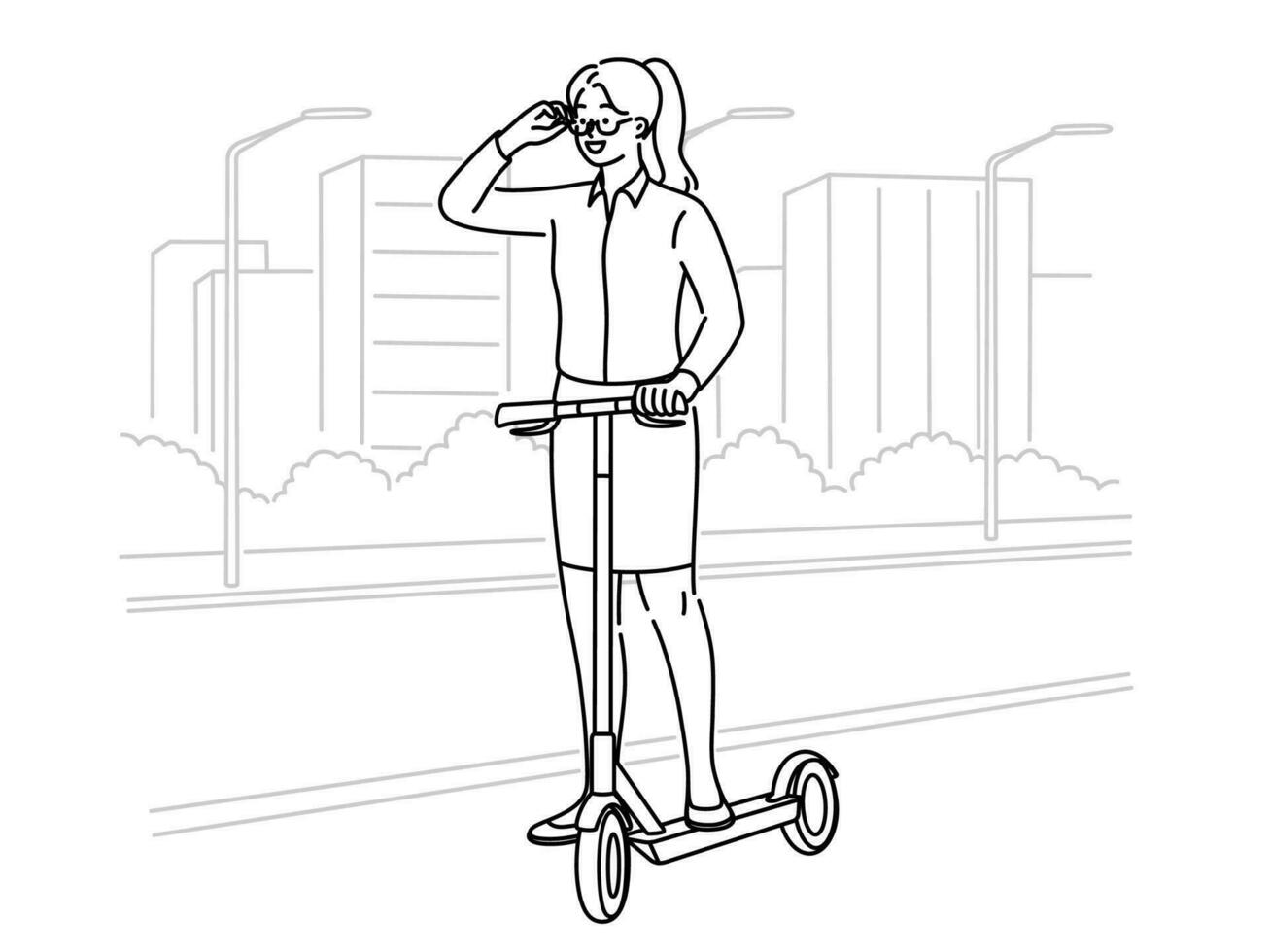 Businesswoman driving scooter on road. Smiling woman have fun riding on vehicle. Vector illustration.