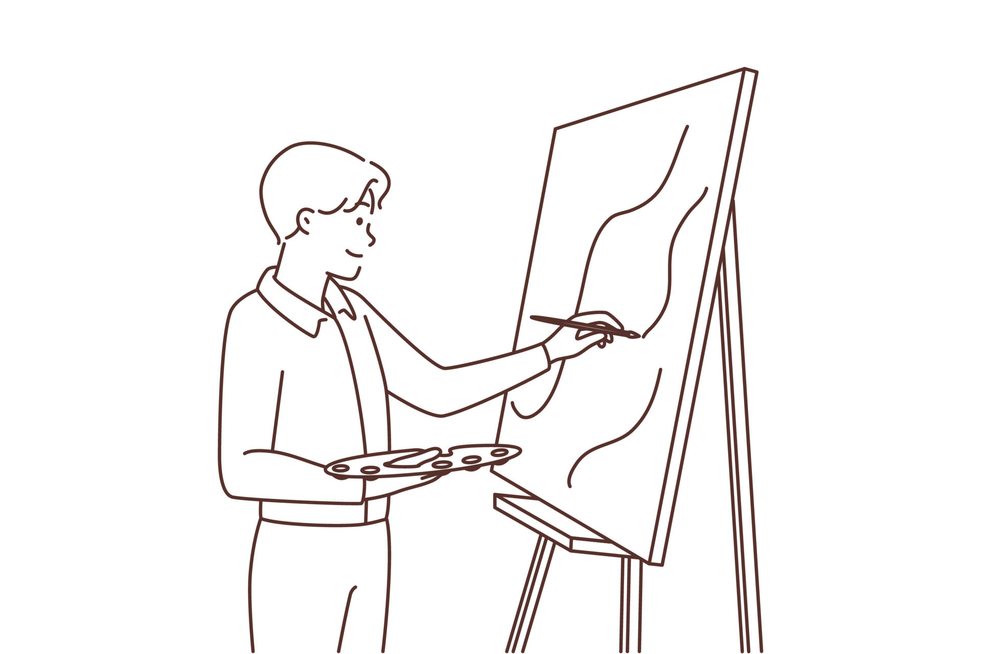Young man painting picture on easel. Happy male artist enjoy drawing on