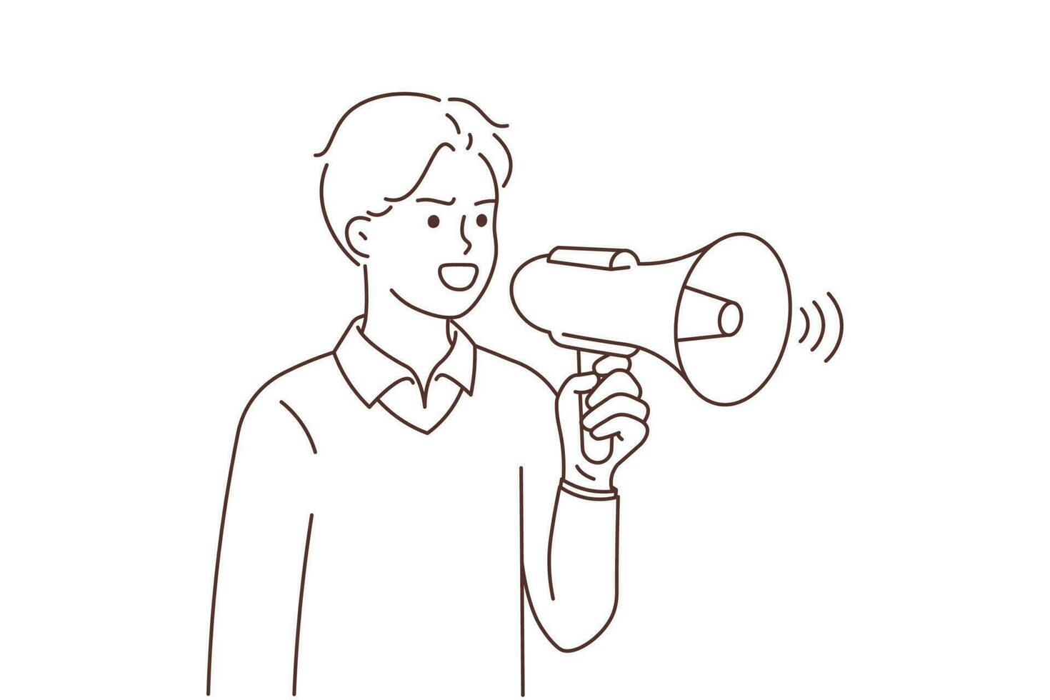 Young man with loudspeaker scream on protest or demonstration. Furious businessman shout in megaphone speak loud to audience. Vector illustration.