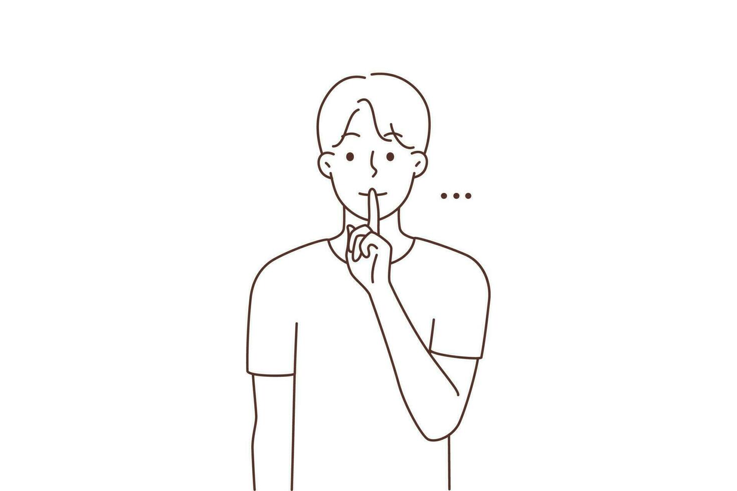 Man holding finger at lips ask be quiet. Young man make hand gesture asking for silence. Nonverbal communication. Vector illustration.