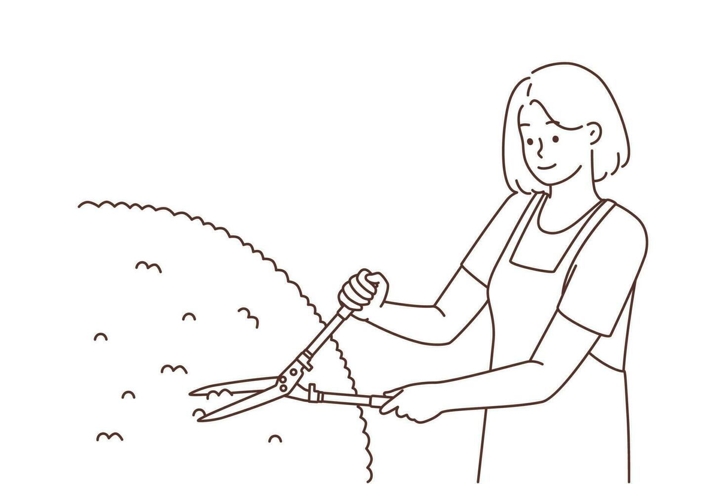 Female gardener in apron cutting bushes with scissors. Woman working with scissors outdoors. Gardening and horticulture. Vector illustration.