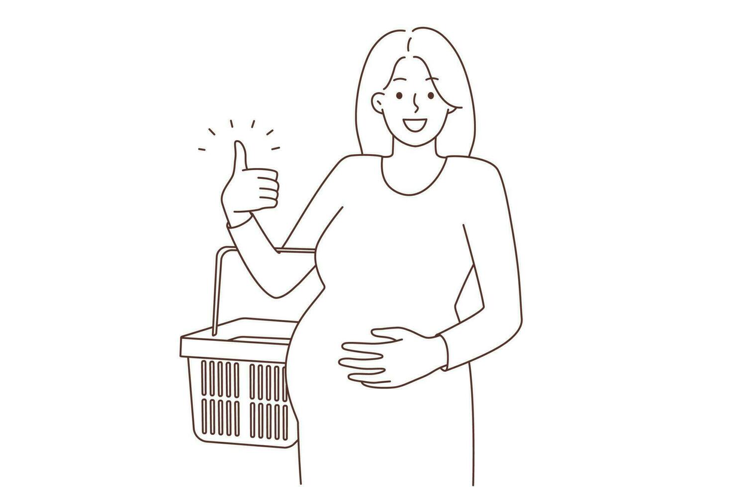 Happy young pregnant woman with basket shopping in mall. Smiling female with belly show thumb up excited about buying. Pregnancy concept. Vector illustration.