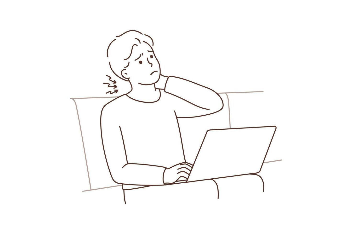 Man sitting on couch working on laptop suffer from neck ache. Unhealthy guy struggle from backache using laptop. Sedentary lifestyle concept. Vector illustration.