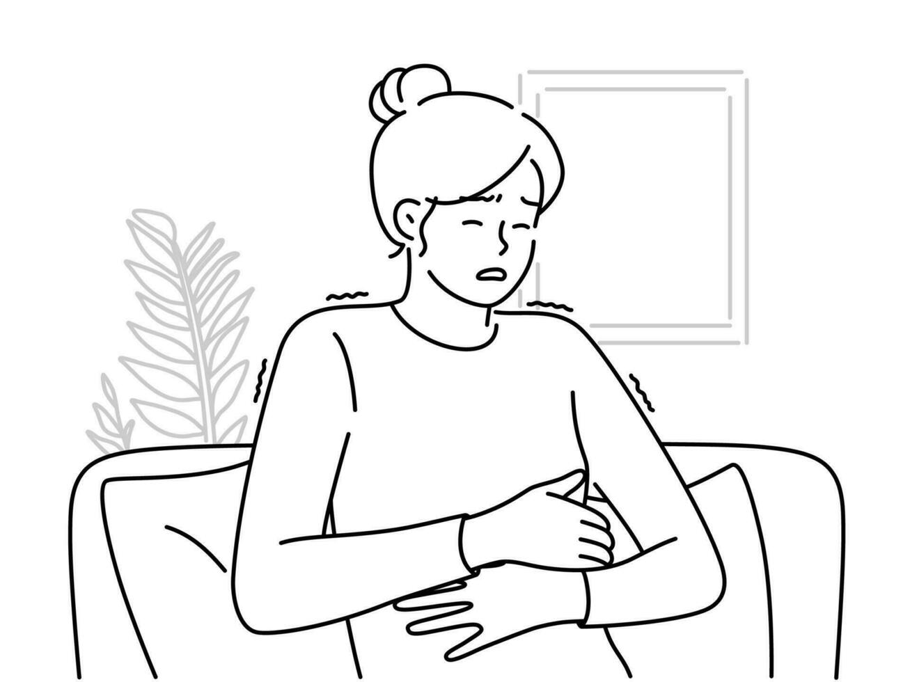 Unhealthy woman sit on couch suffer from stomachache. Unwell female struggle with abdominal pain or cramps. Healthcare. Vector illustration.
