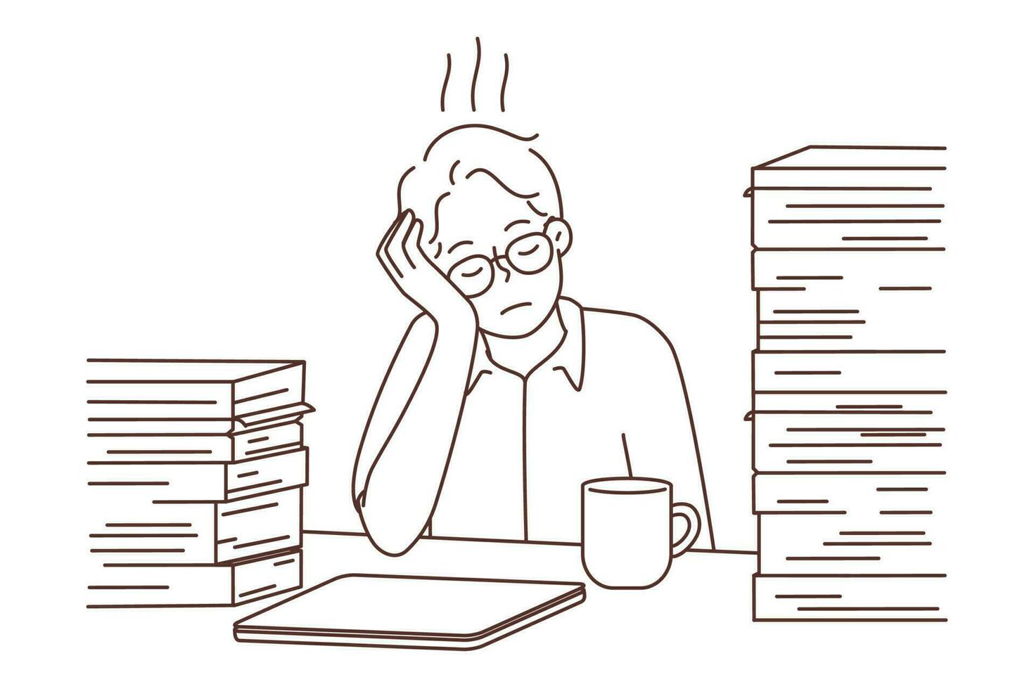 Stressed tired male employee sit at desk feeling sleep overwhelmed with paperwork. Exhausted man sleep at table in office. Job overwork and burnout. Vector illustration.