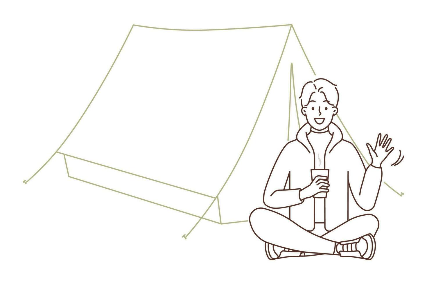 Smiling young man sitting near tent in forest enjoying hiking trip. Happy guy drinking warm coffee or tea on outdoors camping vacation. Vector illustration.