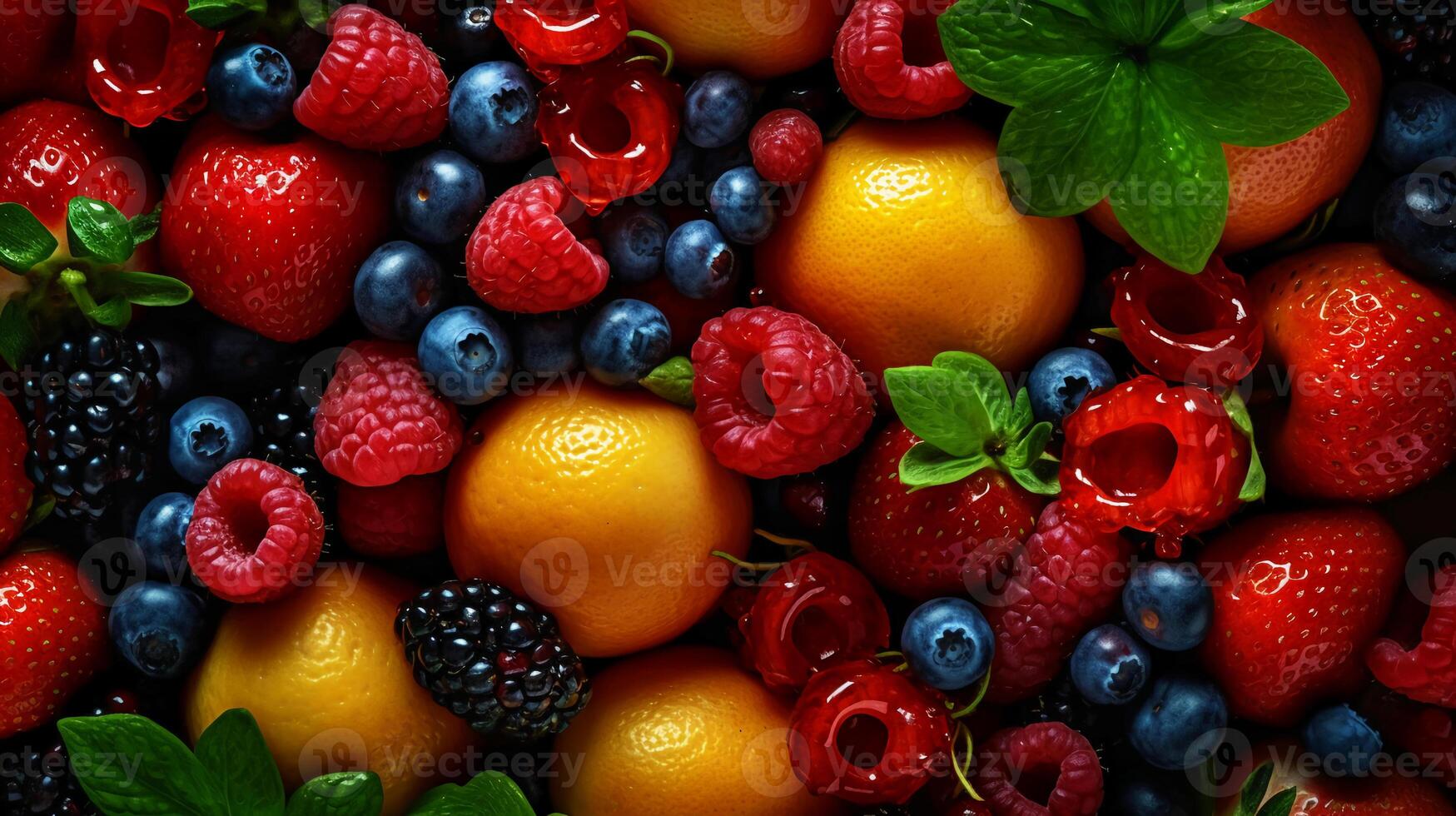 Juicy fruits top view background. photo