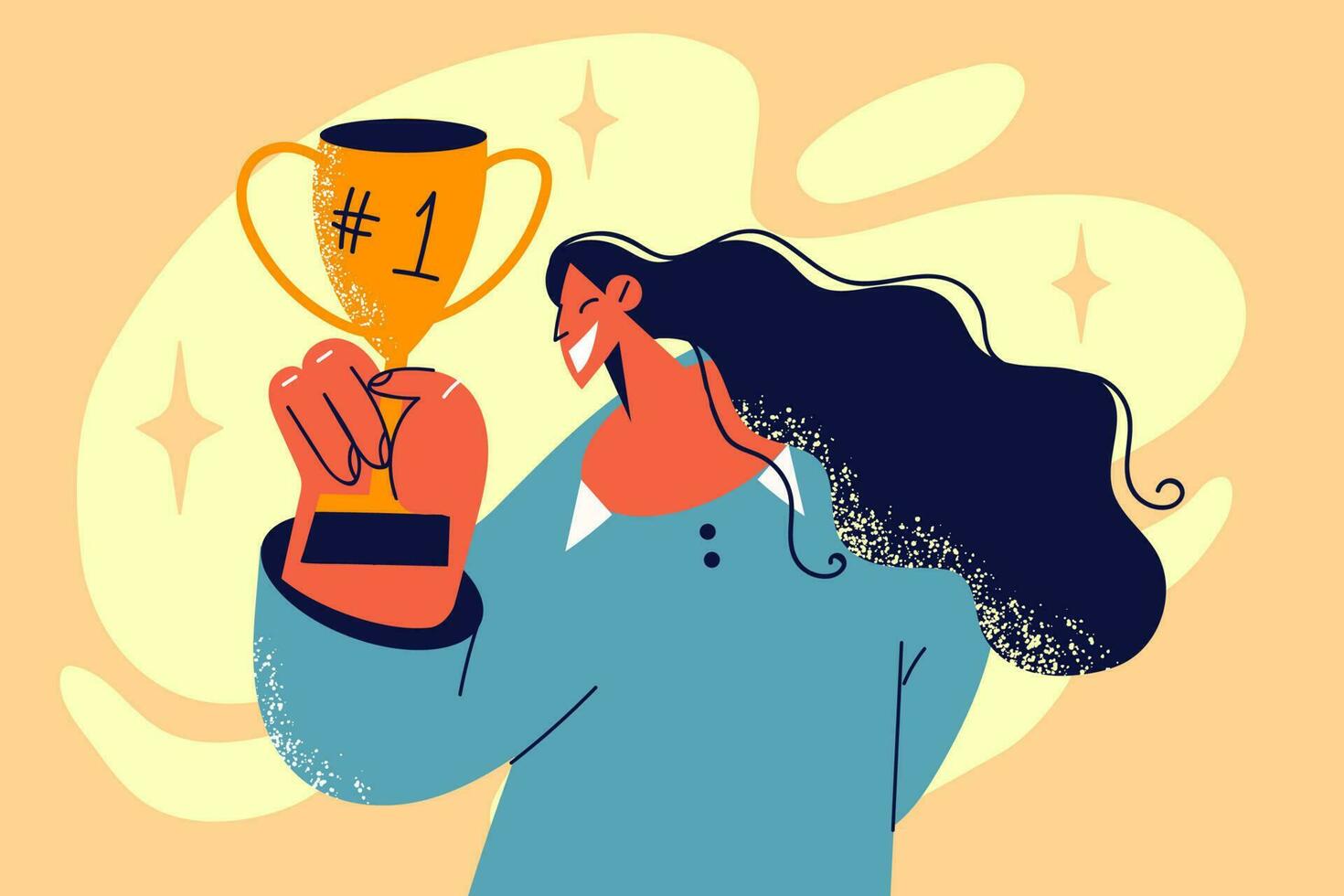 Smiling young woman holding golden prize celebrate win or victory. Happy female winner show gold award feel euphoric. Success and celebration. Vector illustrations.